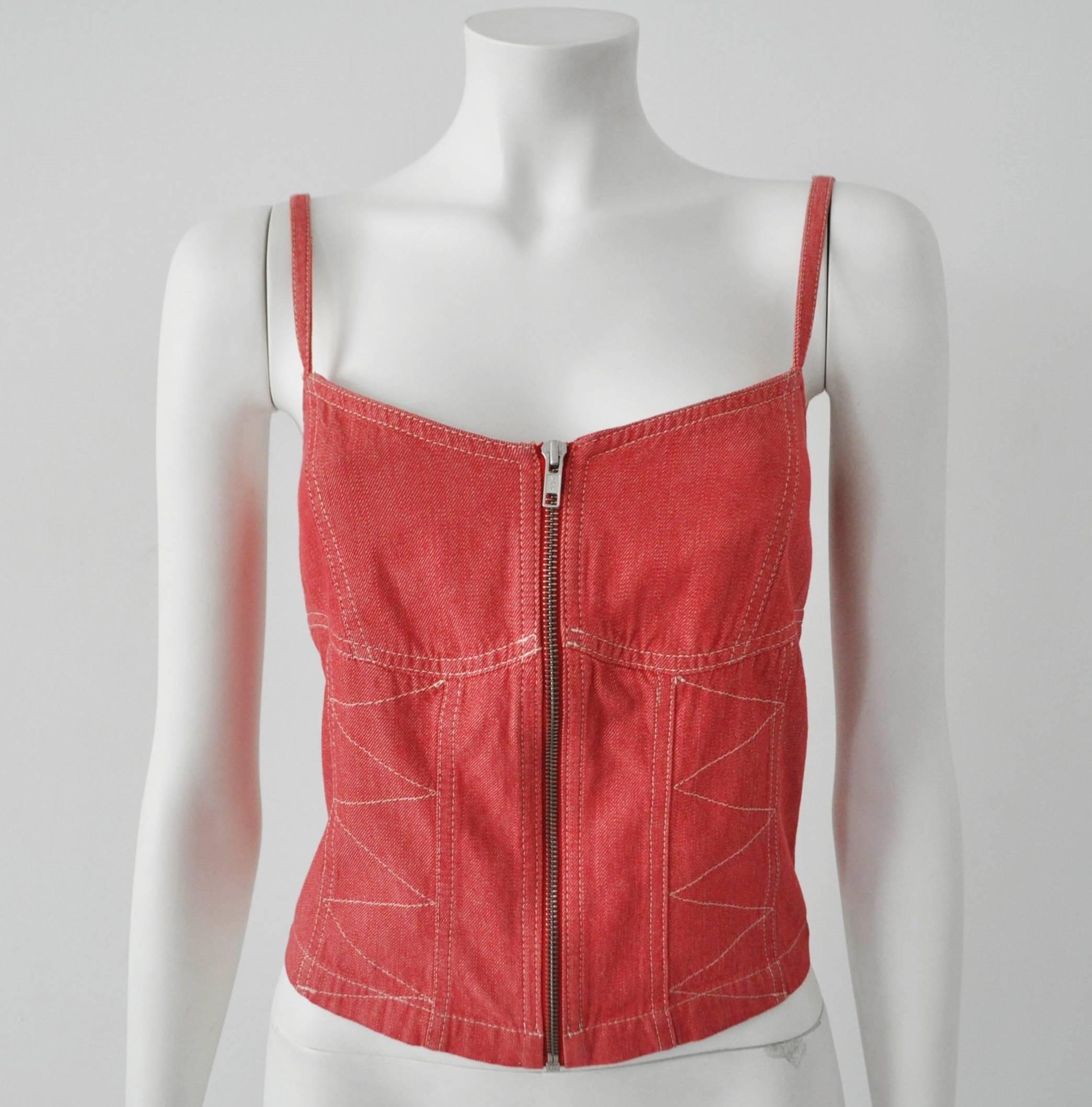 Original Marc Cain Red Denim Contrast Stitch Bustier Skirt Ensemble For Sale 2