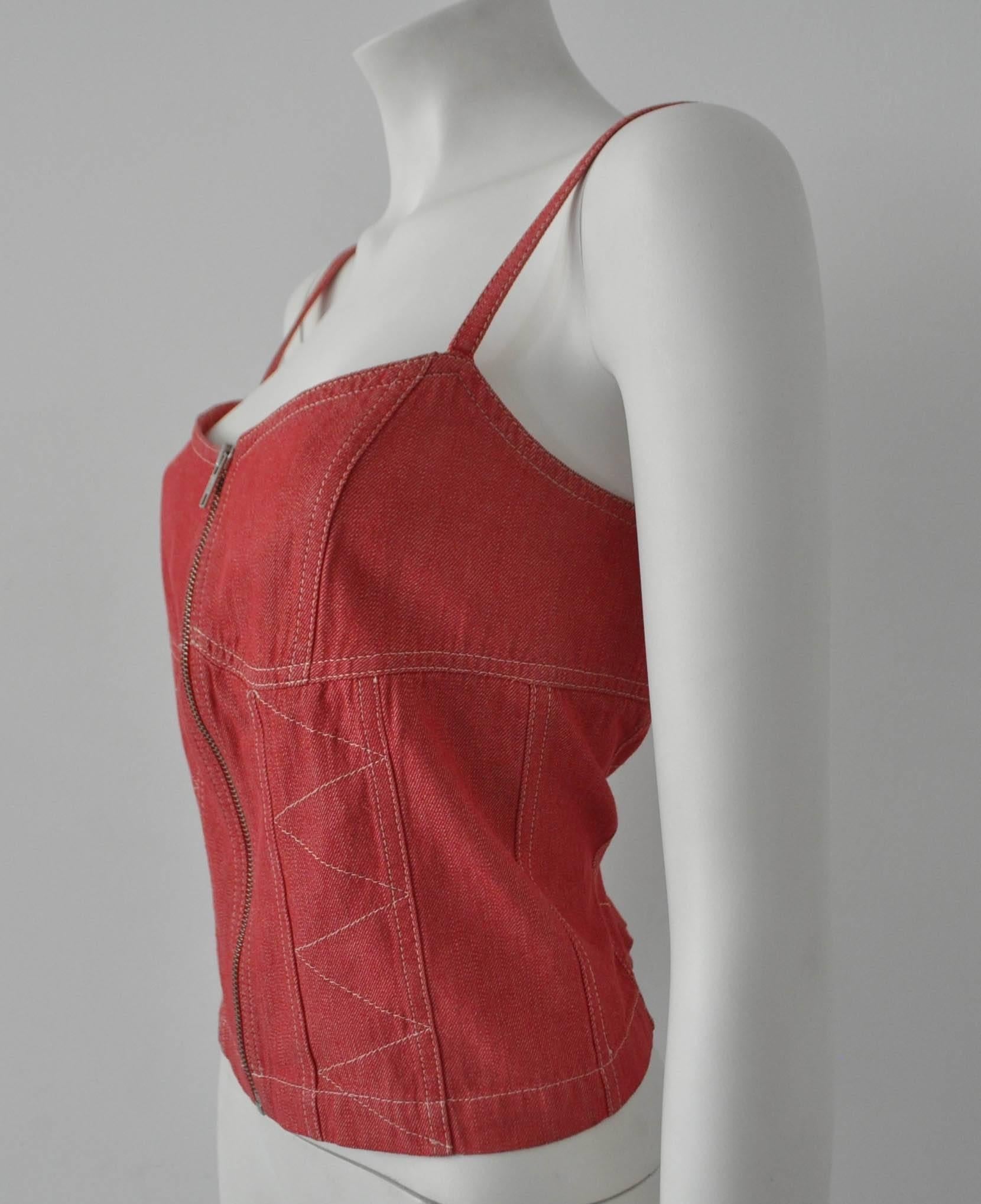 Original Marc Cain Red Denim Contrast Stitch Bustier Skirt Ensemble For Sale 3