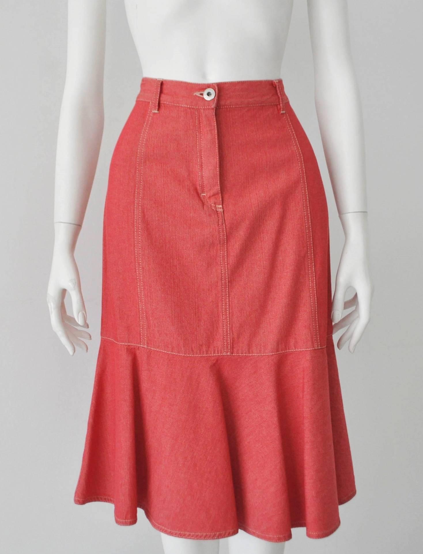 Original Marc Cain Red Denim Contrast Stitch Bustier Skirt Ensemble For Sale 4