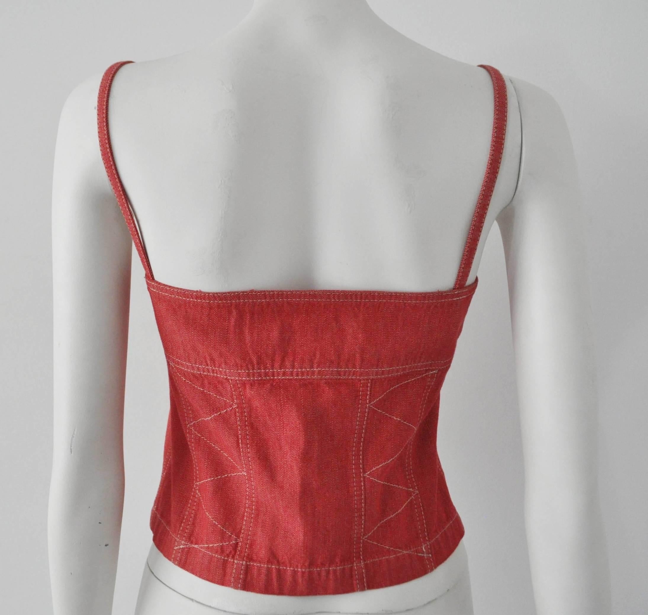 Original Marc Cain Red Denim Contrast Stitch Bustier Skirt Ensemble For Sale 5