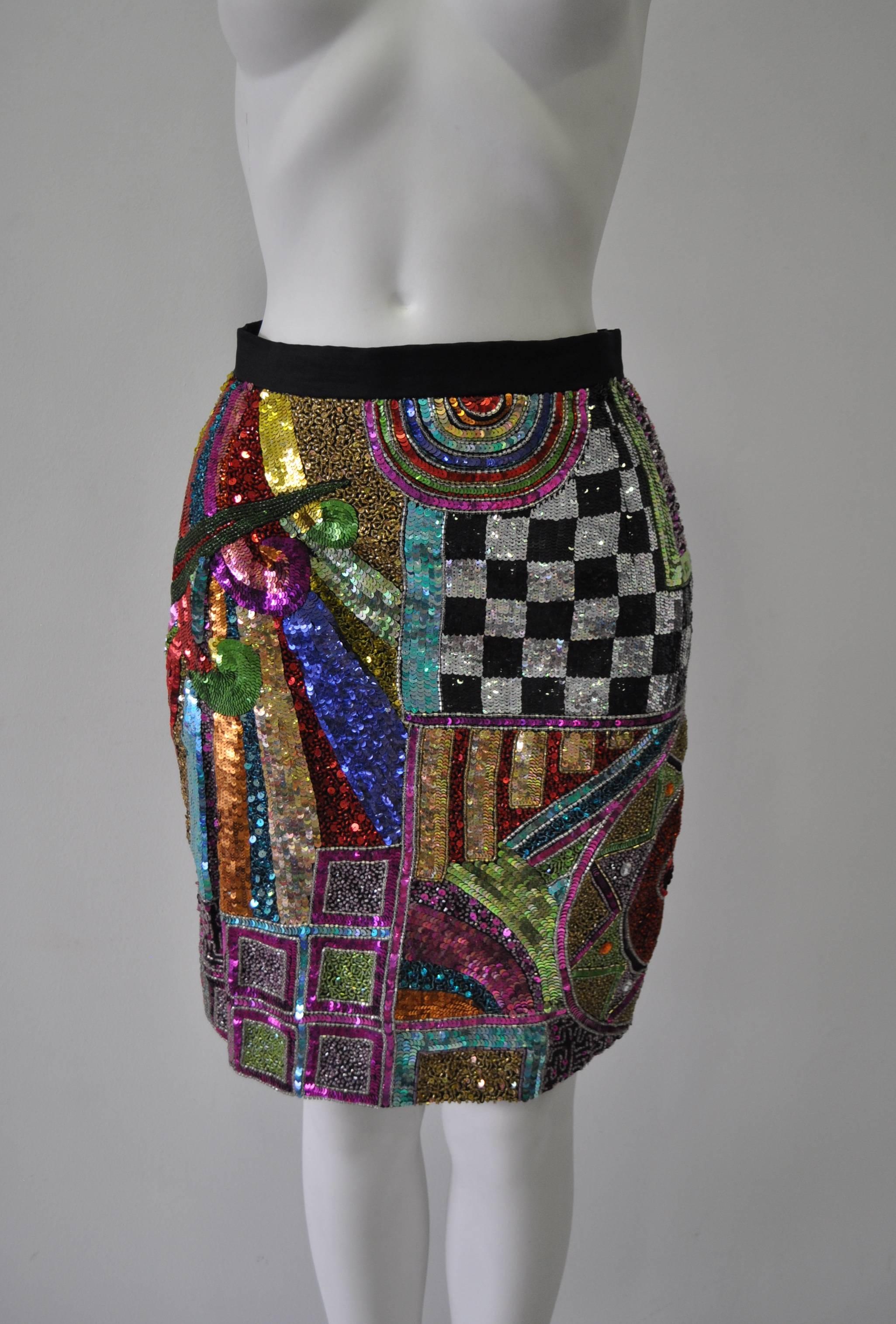 Black Amazing Ella Singh Colorful Sequined Silk Skirt For Sale