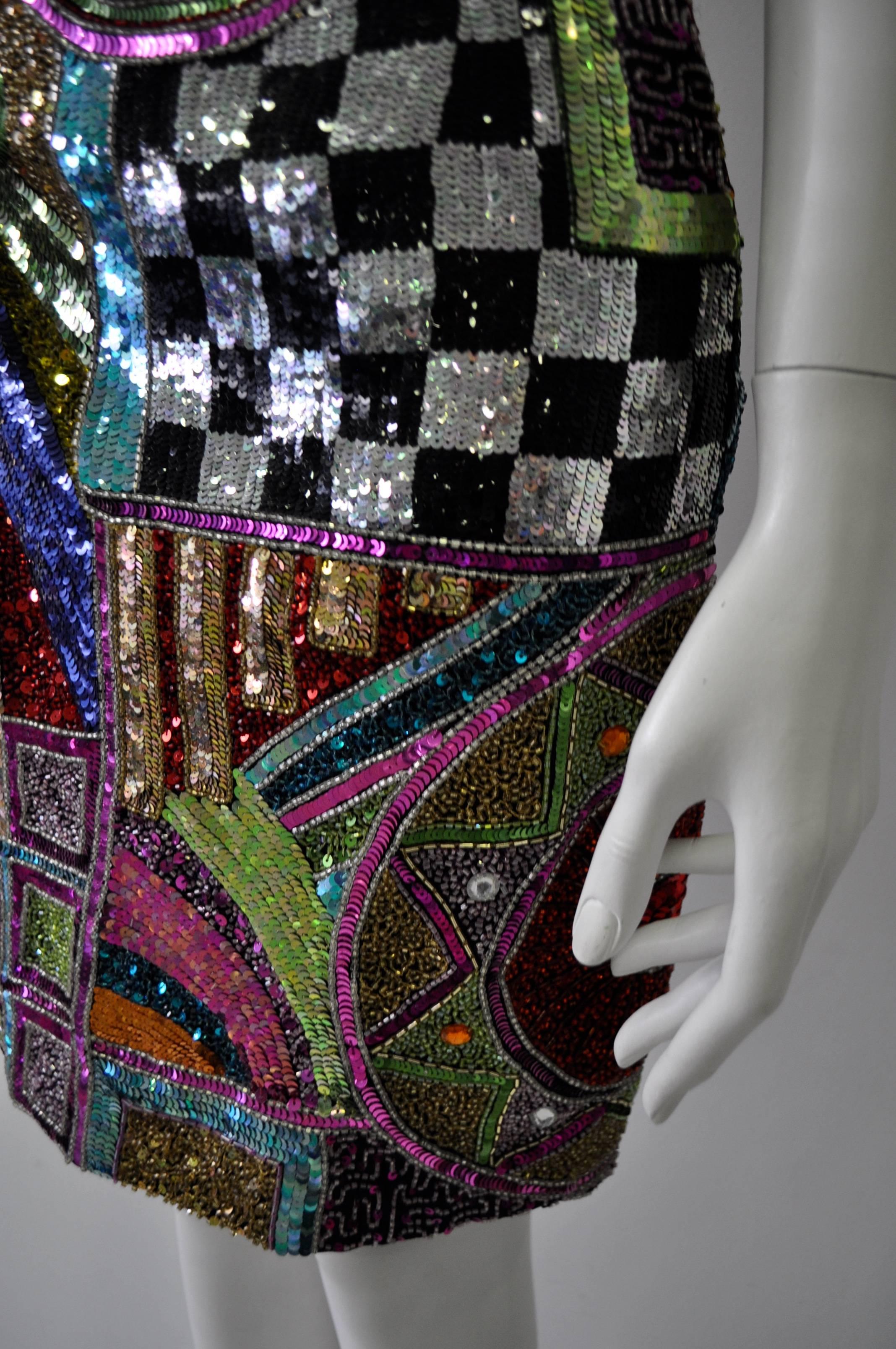 Amazing Ella Singh Colorful Sequined Silk Skirt In New Condition For Sale In Athens, Agia Paraskevi