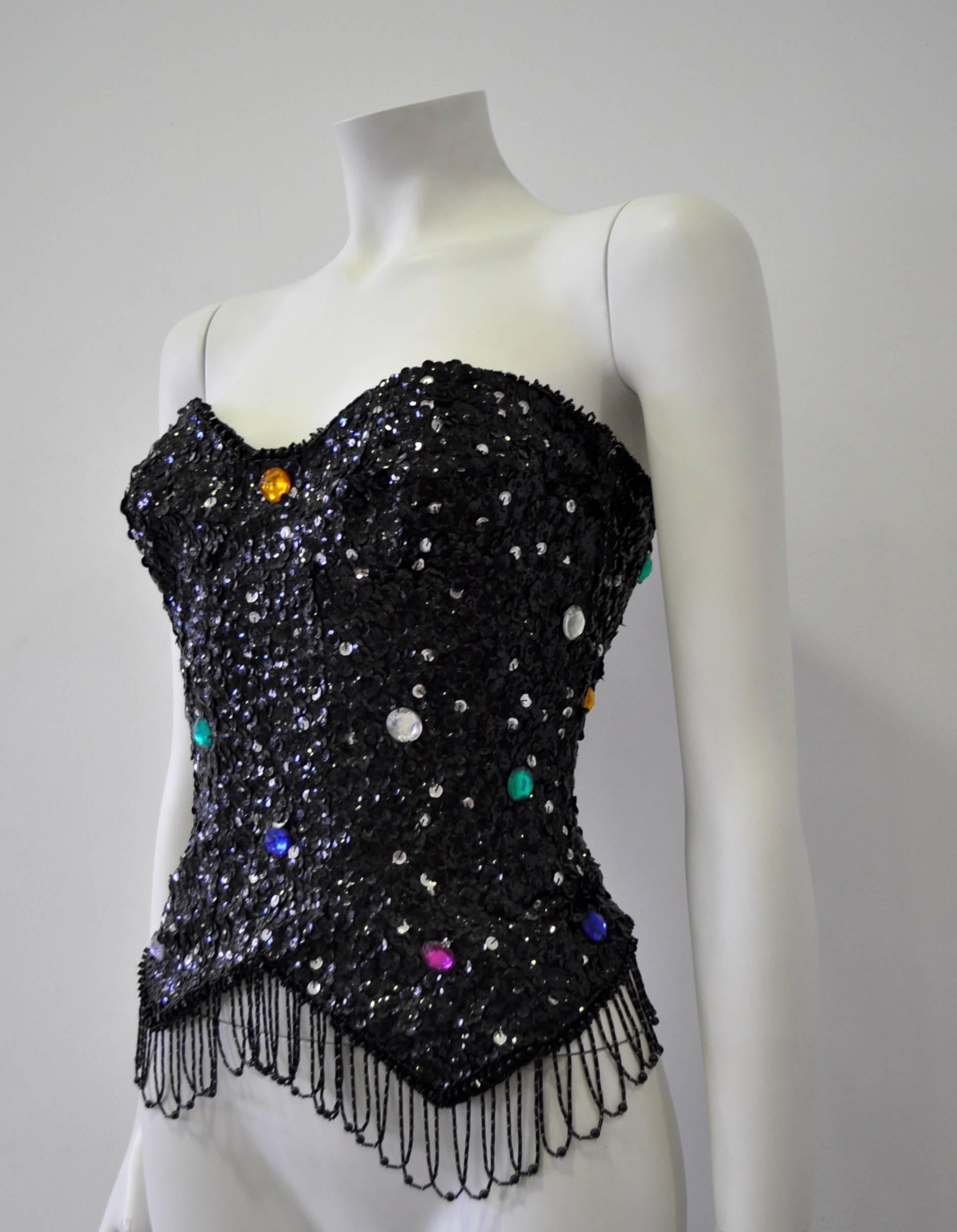 Highly Original and Rare Vera Mont Crystal Studded Bead Fringe Sequin Busiter In New Condition For Sale In Athens, Agia Paraskevi