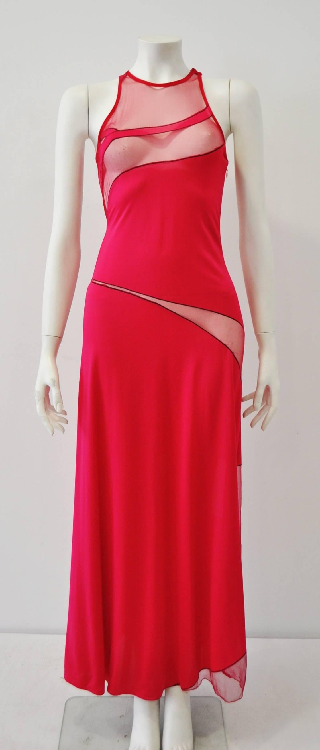 Gianni Versace Couture Cut-Out Sheer Fluorescent Raspberry Silk Jersey Evening Gown, 1996