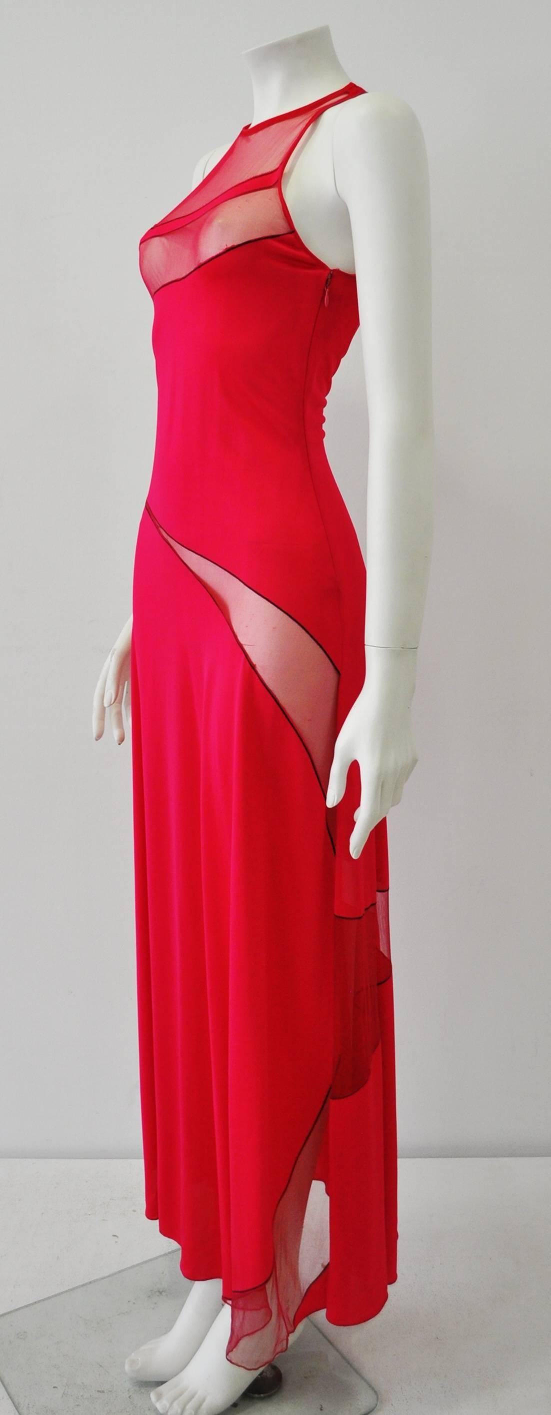 Gianni Versace Couture Cut-Out Sheer Fluorescent Raspberry Evening Gown In New Condition For Sale In Athens, Agia Paraskevi