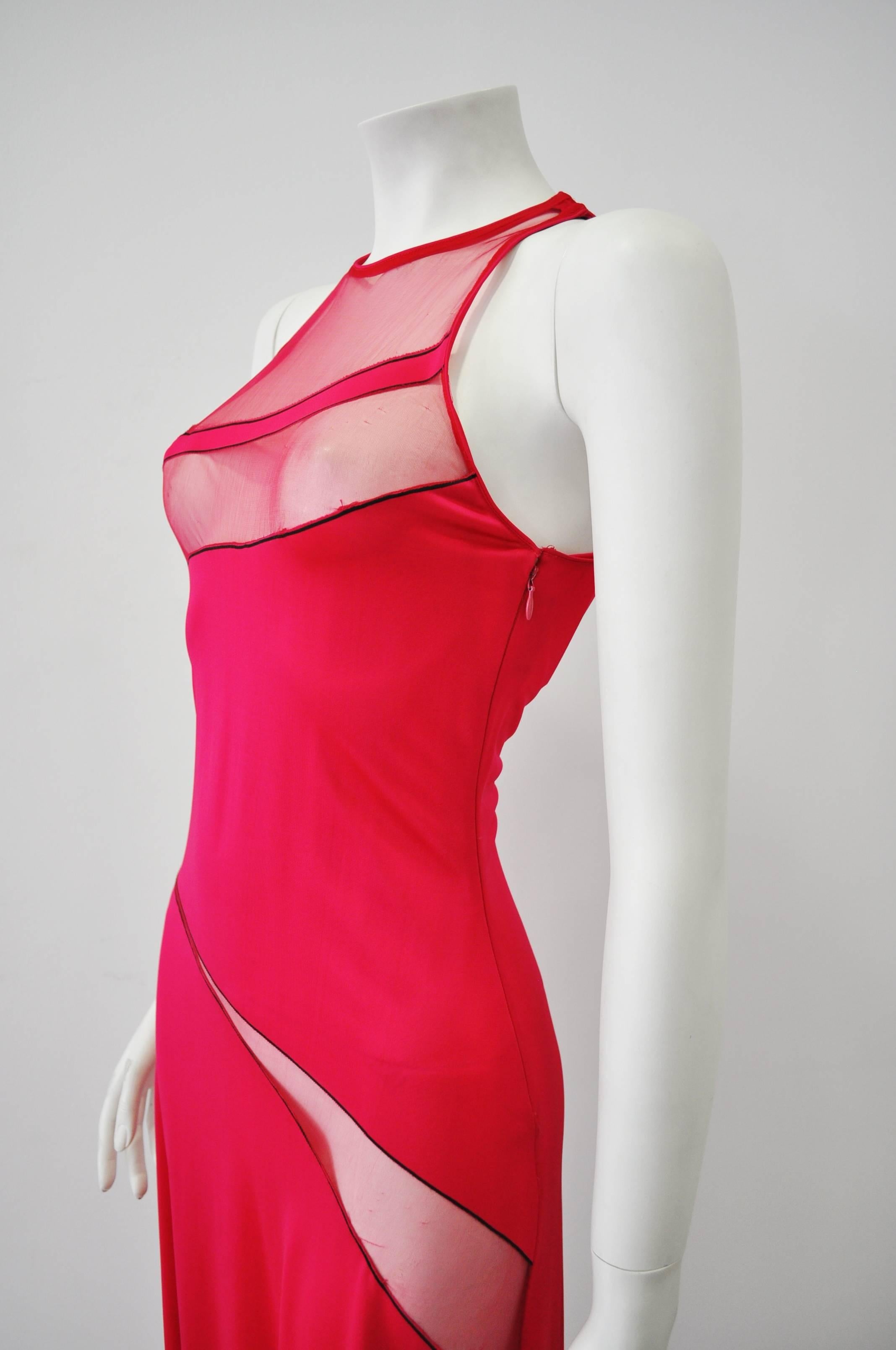Women's Gianni Versace Couture Cut-Out Sheer Fluorescent Raspberry Evening Gown For Sale