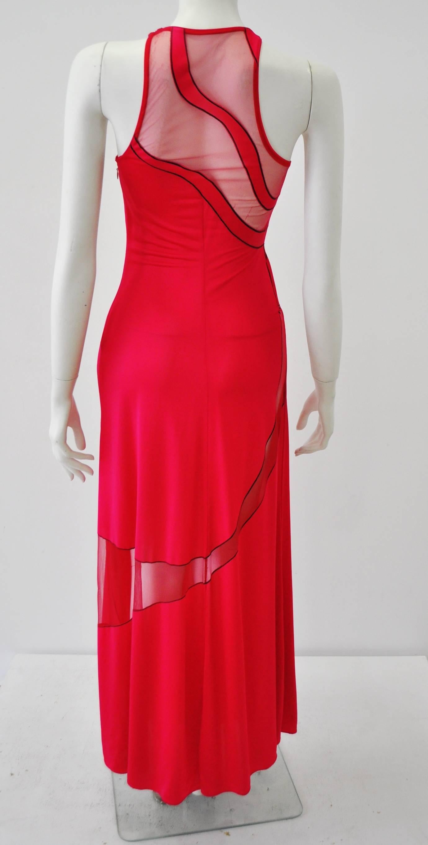 Gianni Versace Couture Cut-Out Sheer Fluorescent Raspberry Evening Gown For Sale 1