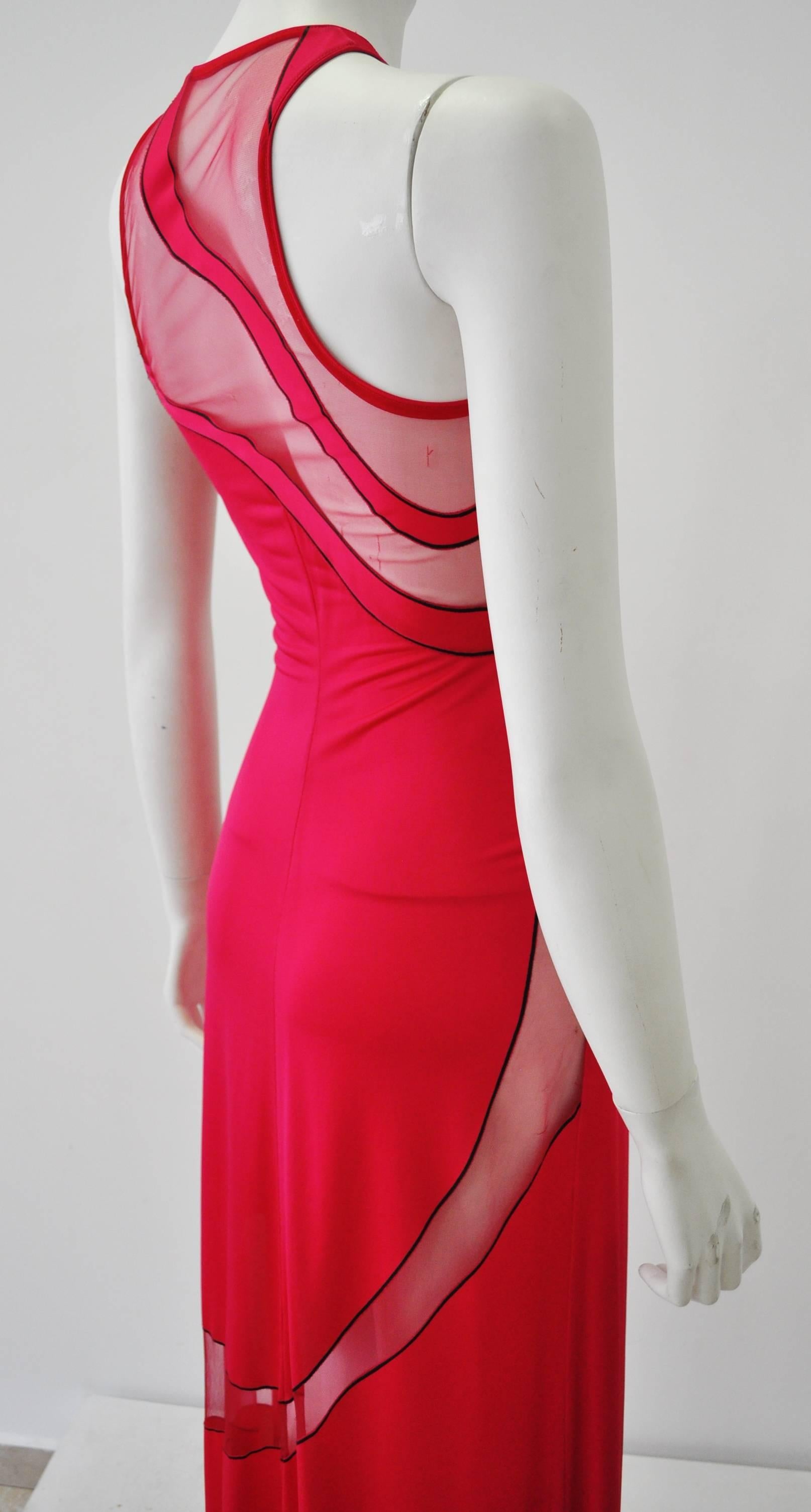 Gianni Versace Couture Cut-Out Sheer Fluorescent Raspberry Evening Gown For Sale 2