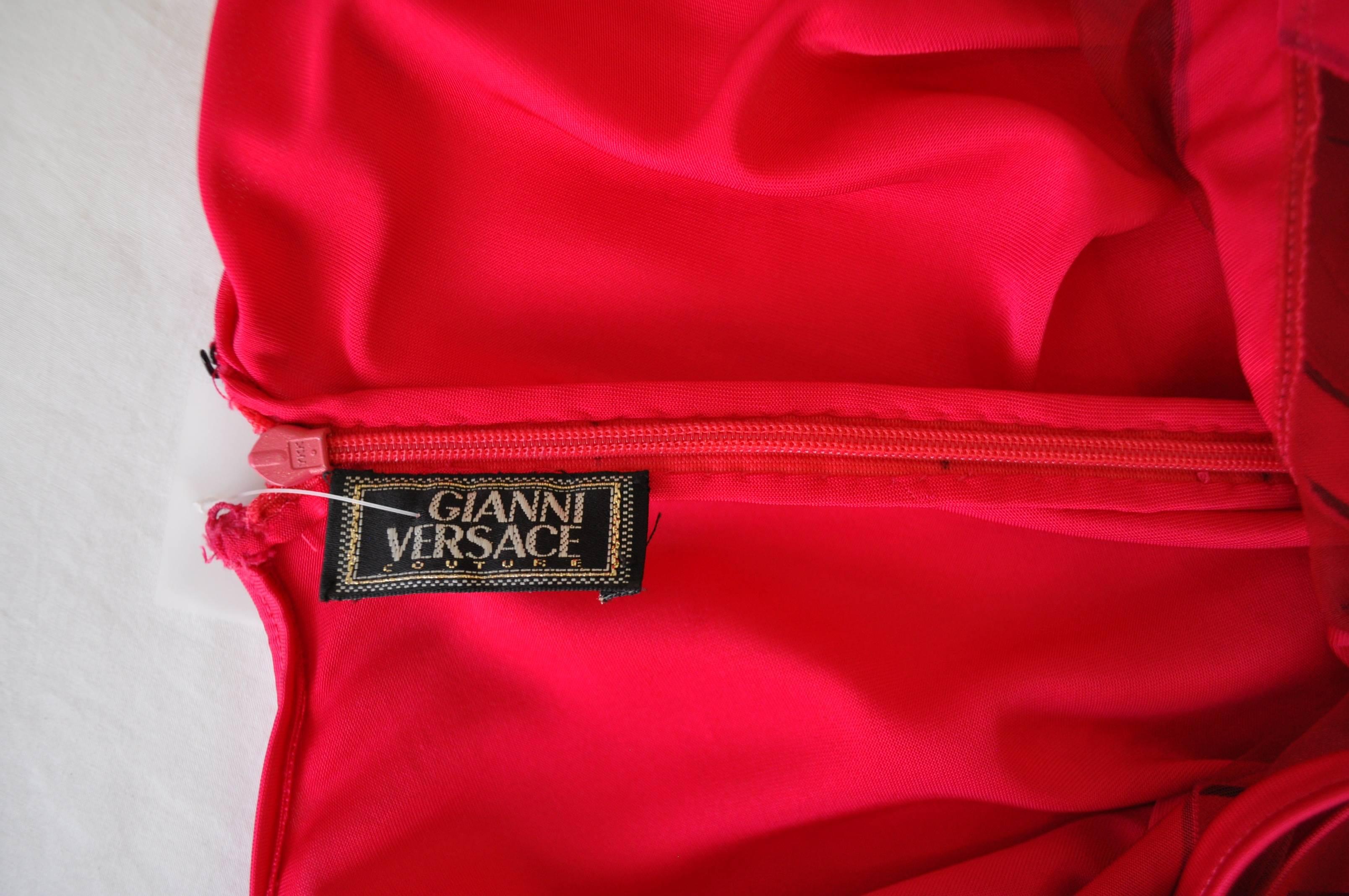 Gianni Versace Couture Cut-Out Sheer Fluorescent Raspberry Evening Gown For Sale 3