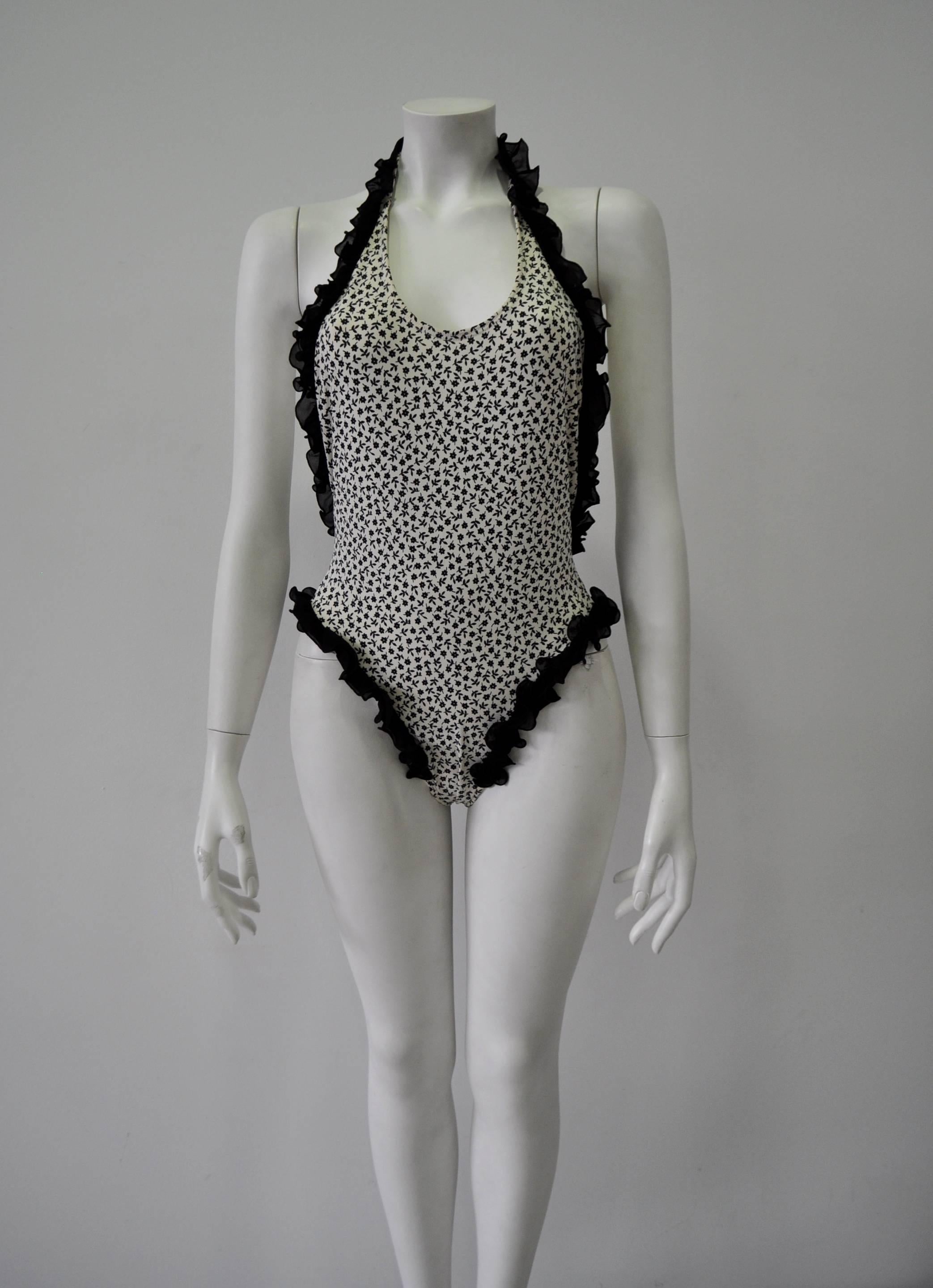 Rare and Original Coquettish Ruffle Trim Black and White Mini Floral Print Swimsuit