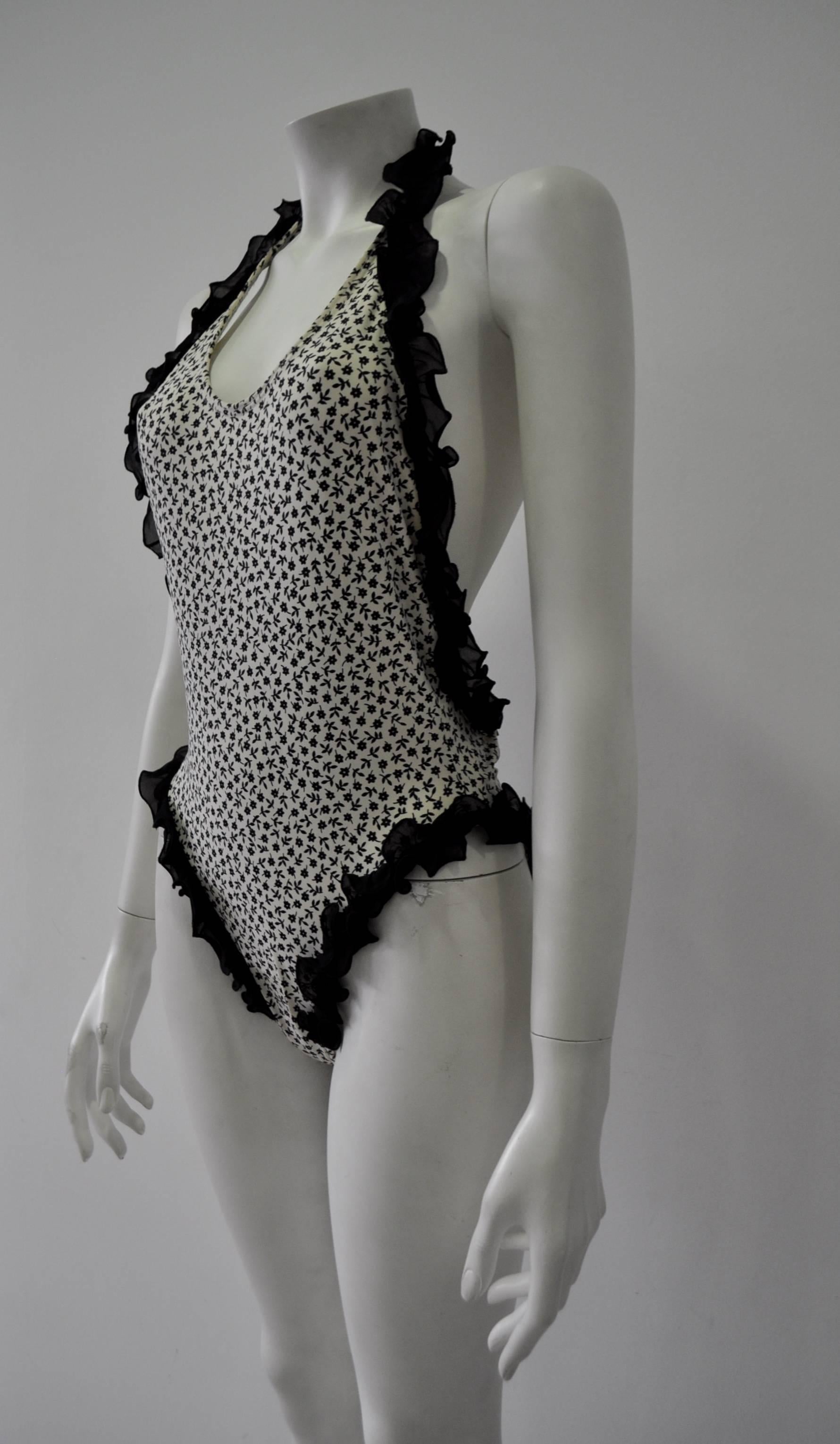Gray Rare Coquettish Ruffle Trim Black and White Mini Floral Print Swimsuit