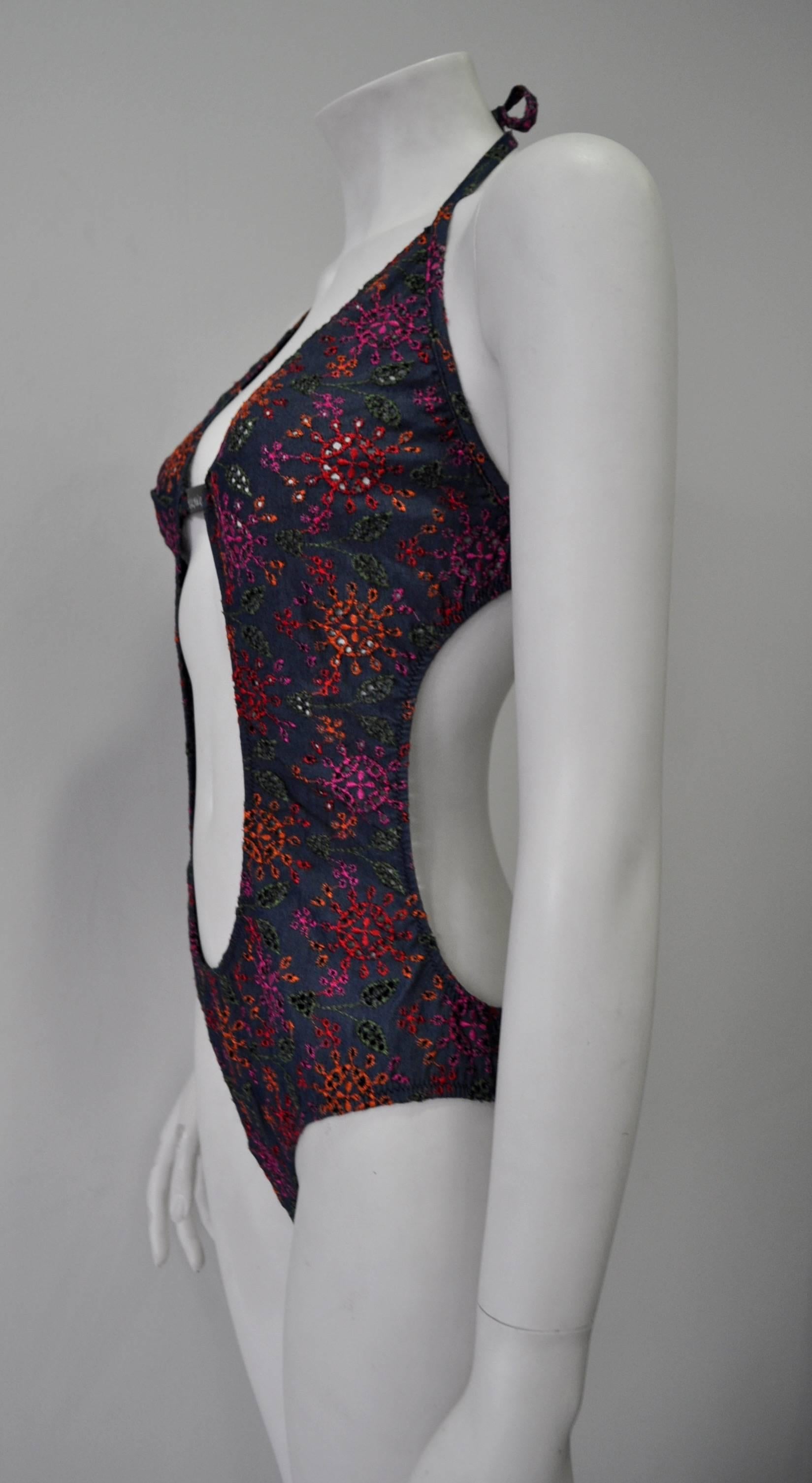Black Exceptional Christian Lacroix Pool & Beach Cut-Out Eyelet Lace Swimsuit For Sale