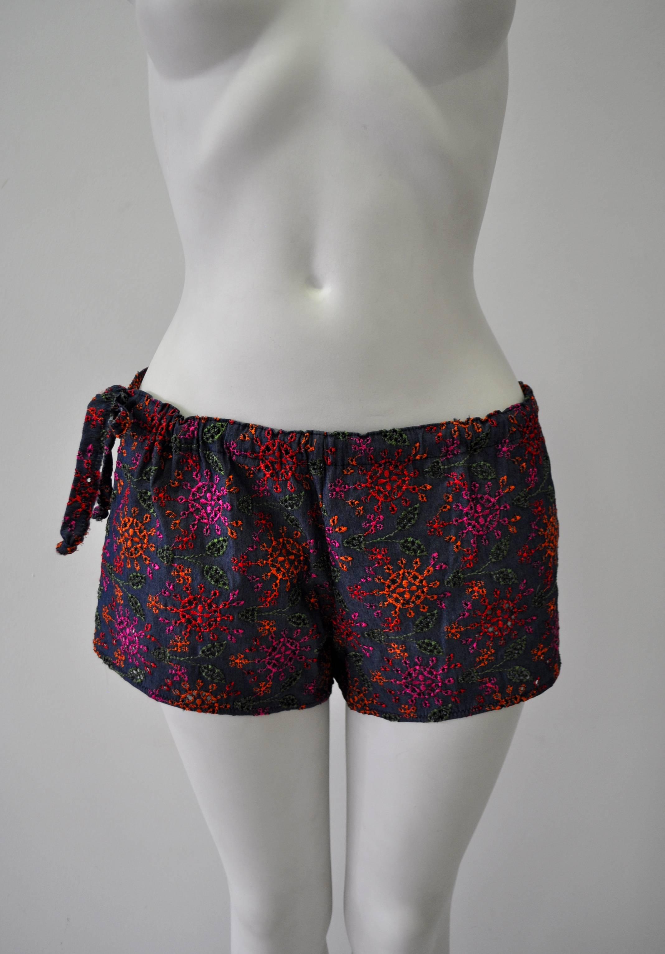 One of a Kind Christian Lacroix Pool & Beach Cotton Floral Eyelet Lace Shorts with Sweet Side Tie