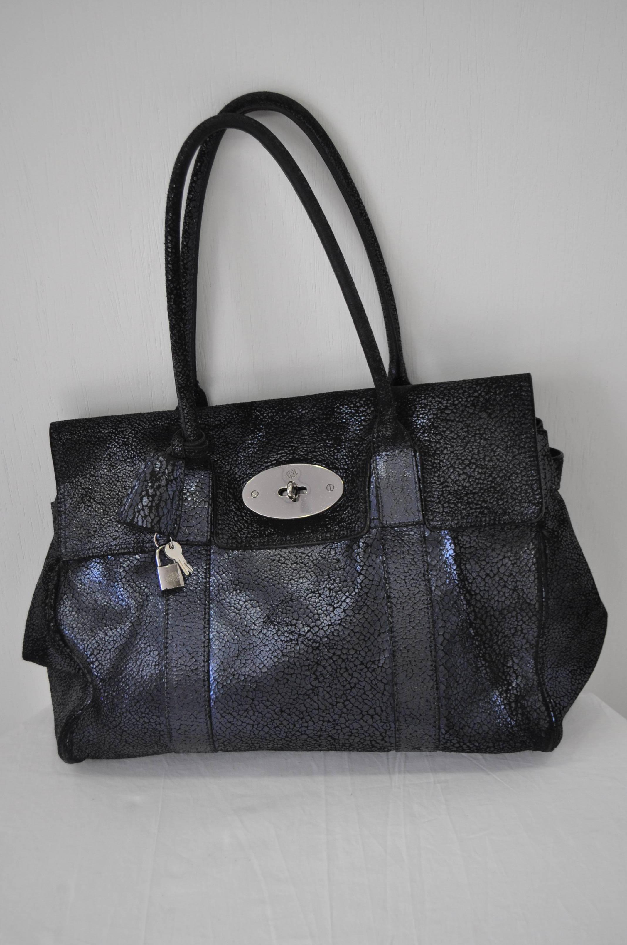 Beyond Iconic Mulberry Bayswater Midnight Cracked Metallic Leather Hottest Celebrity 
