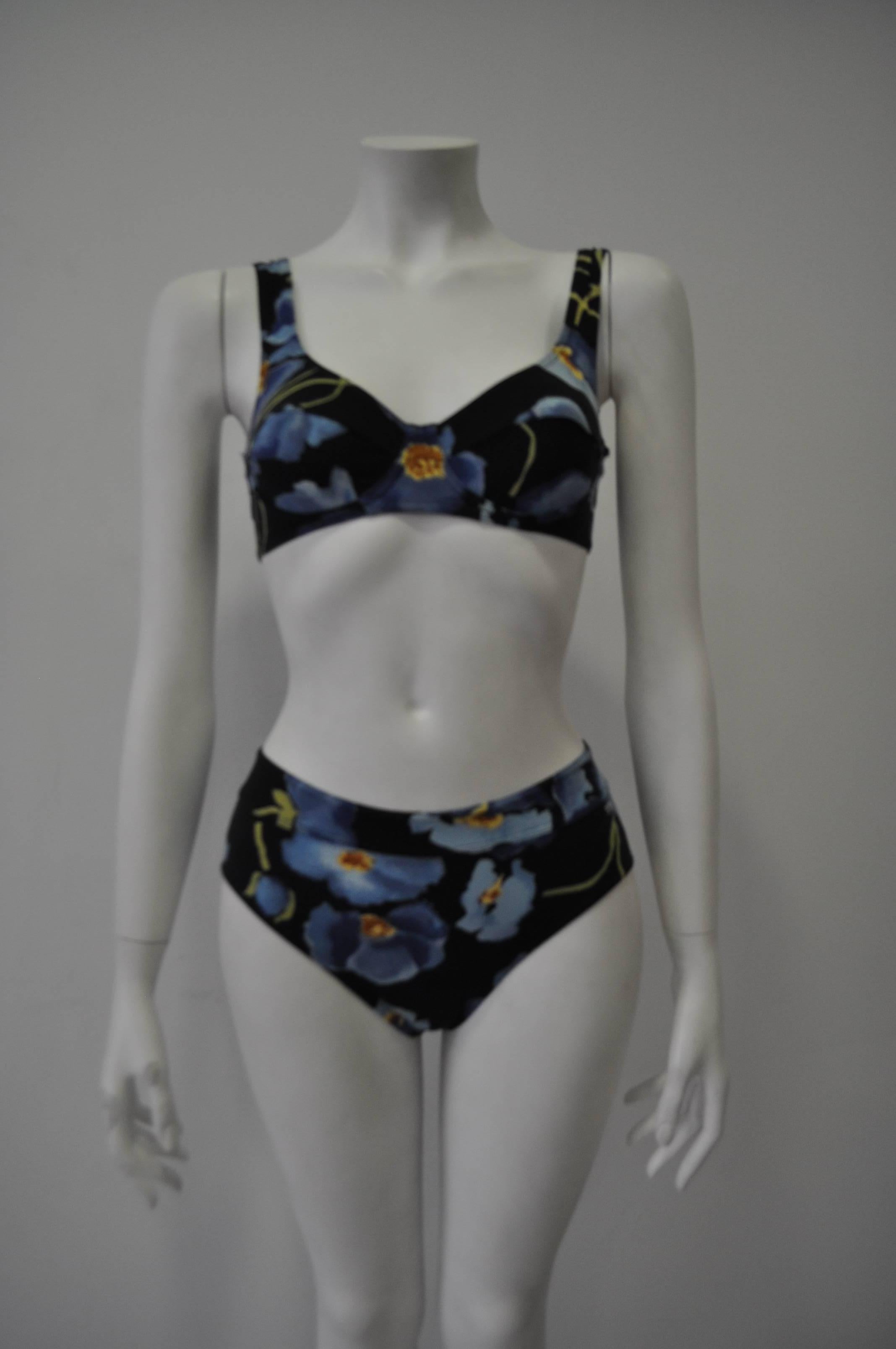 Black Special Sonia Rykiel High Waisted Blue Floral Two-Piece Bathing Suit For Sale