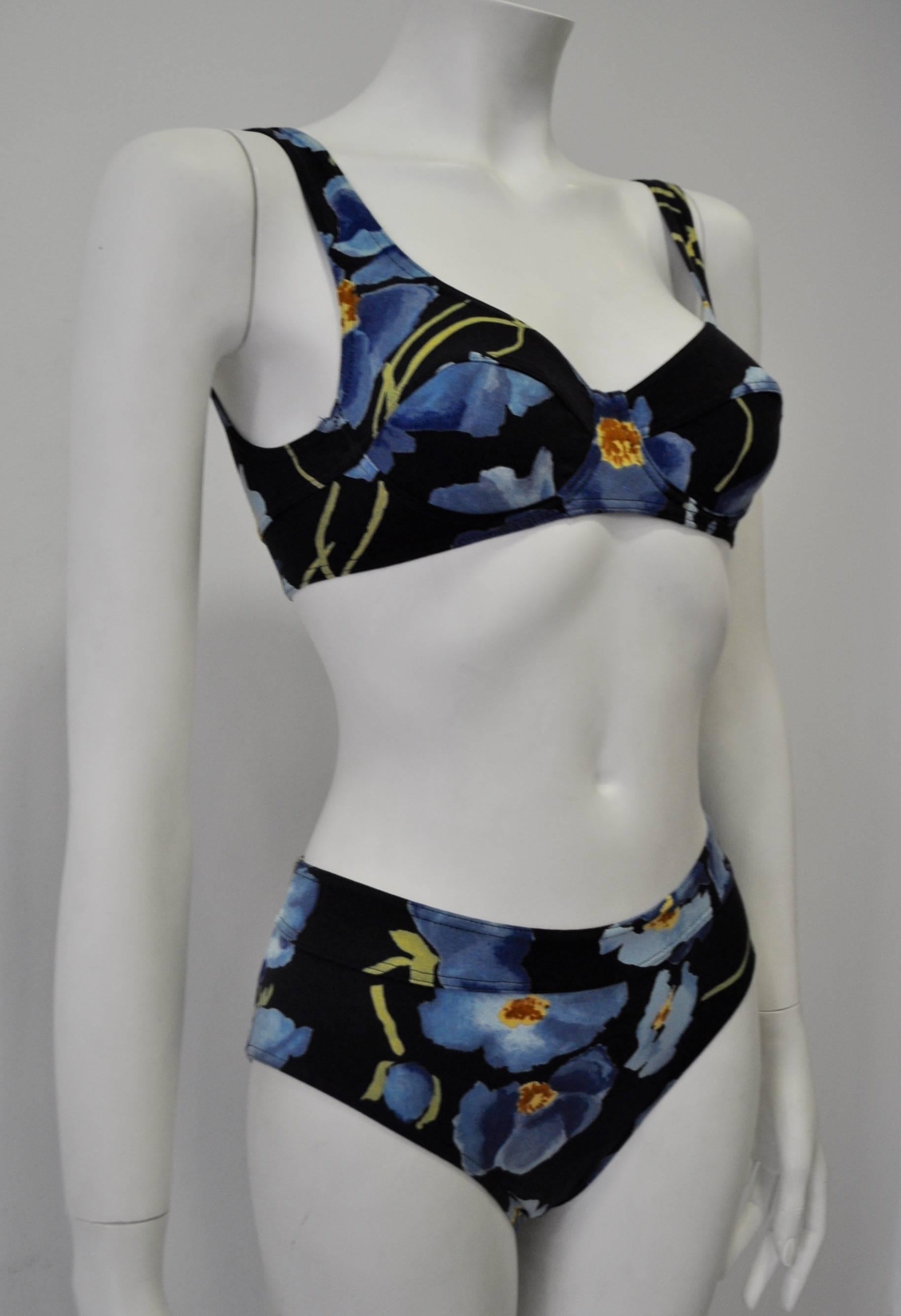 Special Sonia Rykiel High Waisted Blue Floral Two-Piece Bathing Suit In New Condition For Sale In Athens, Agia Paraskevi