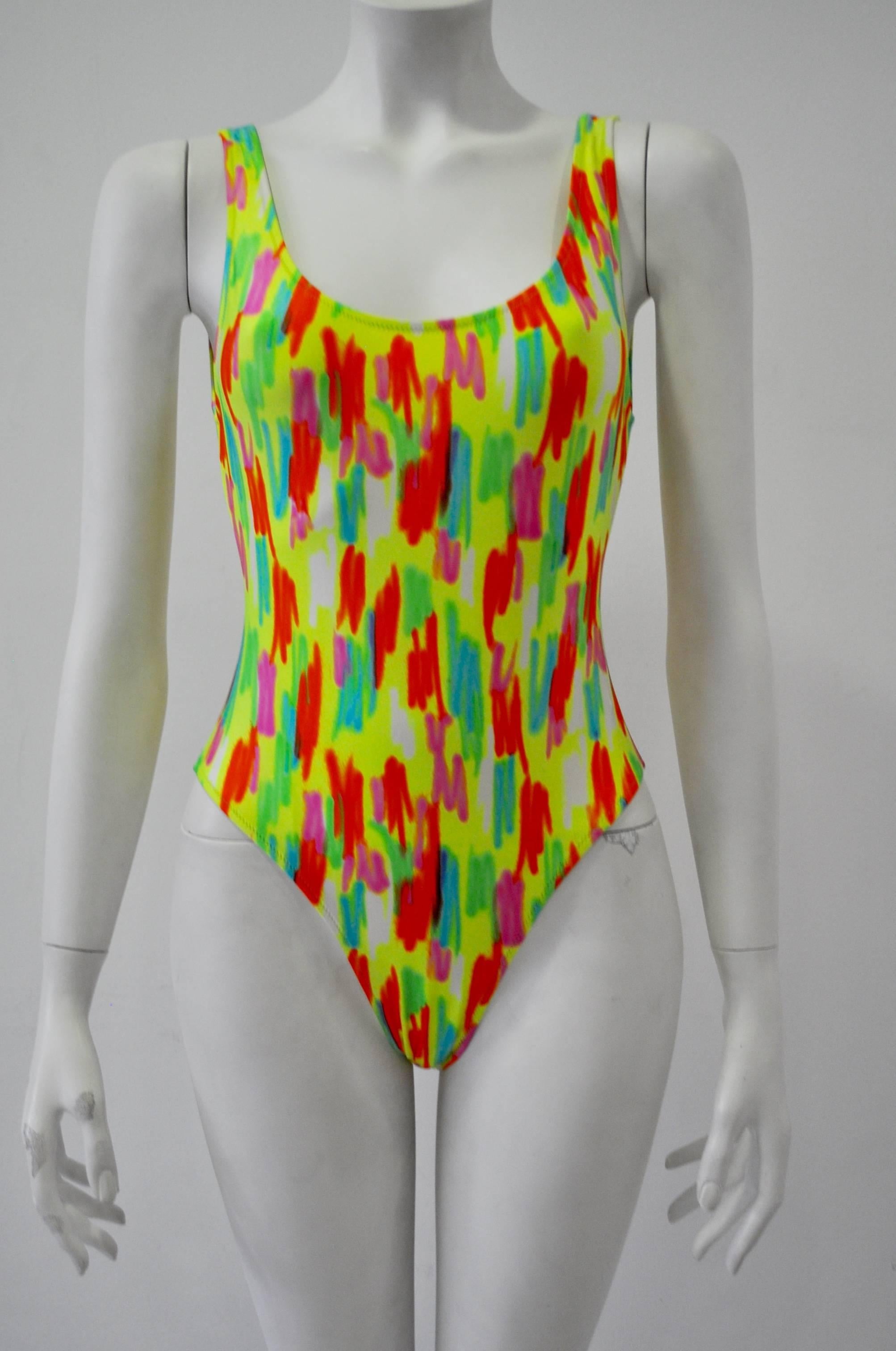 Original Gianni Versace Yellow Neon Color Stroke Swimsuit In New Condition For Sale In Athens, Agia Paraskevi