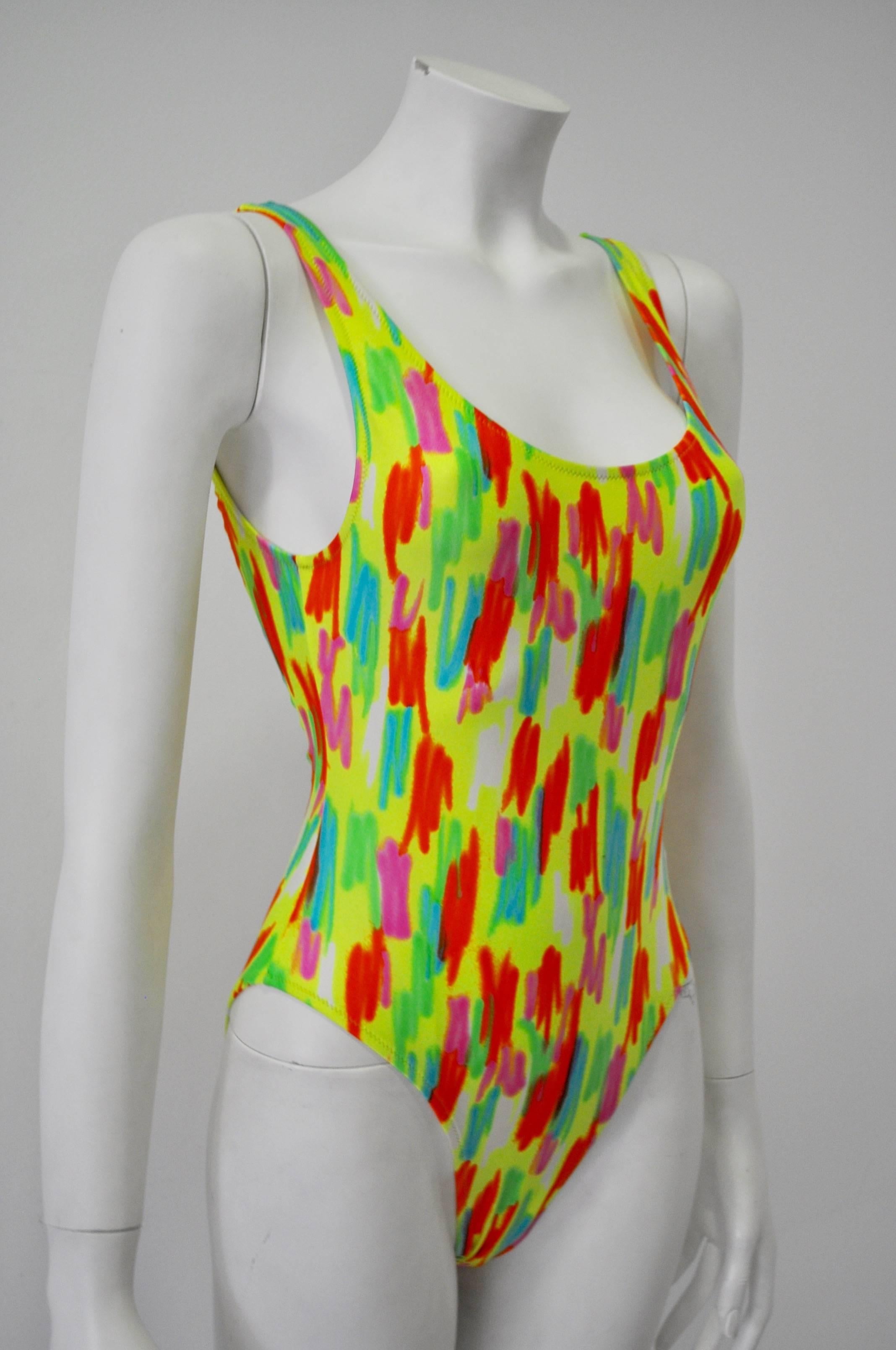 Women's Original Gianni Versace Yellow Neon Color Stroke Swimsuit For Sale