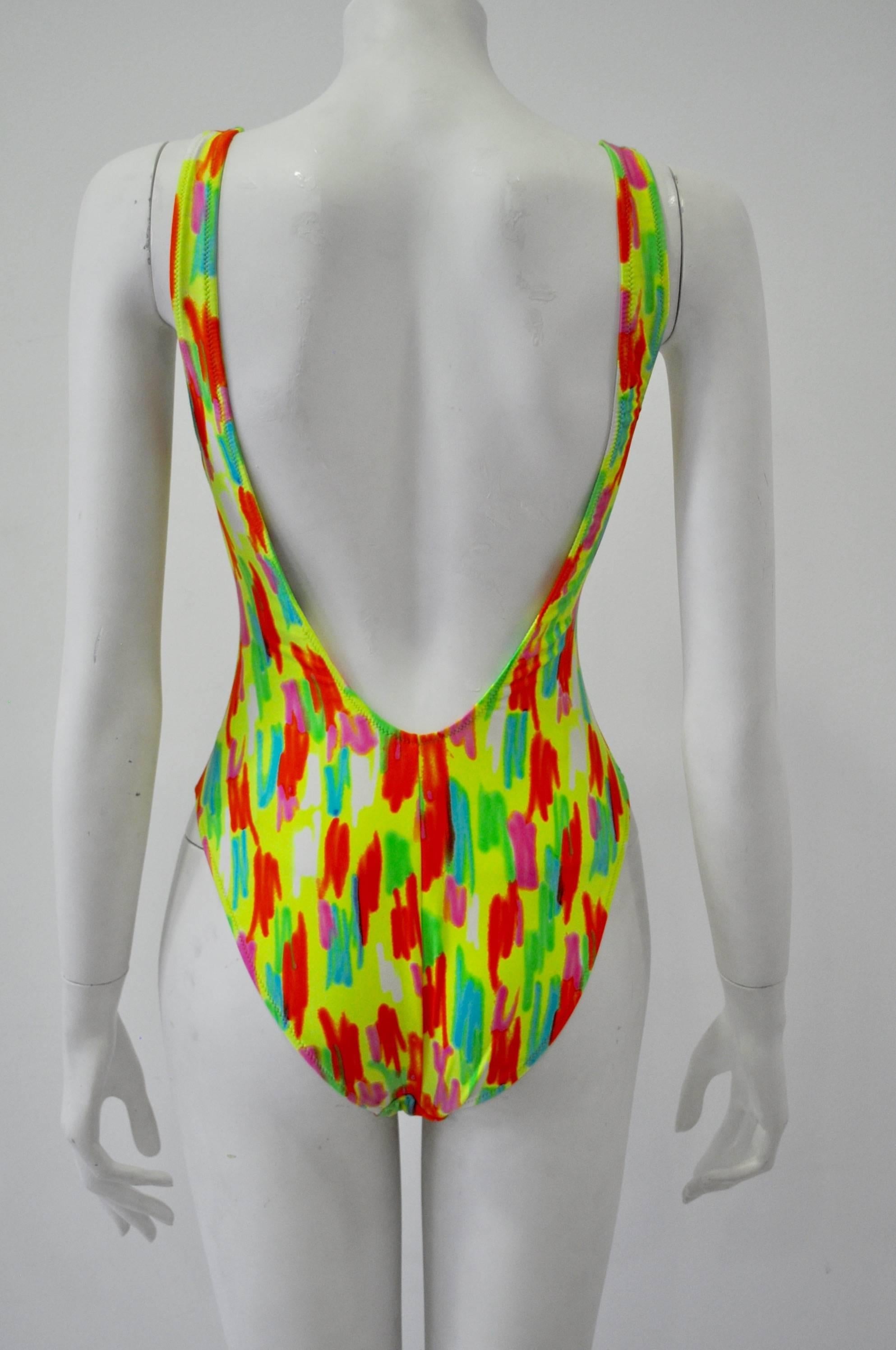 Original Gianni Versace Yellow Neon Color Stroke Swimsuit For Sale 1