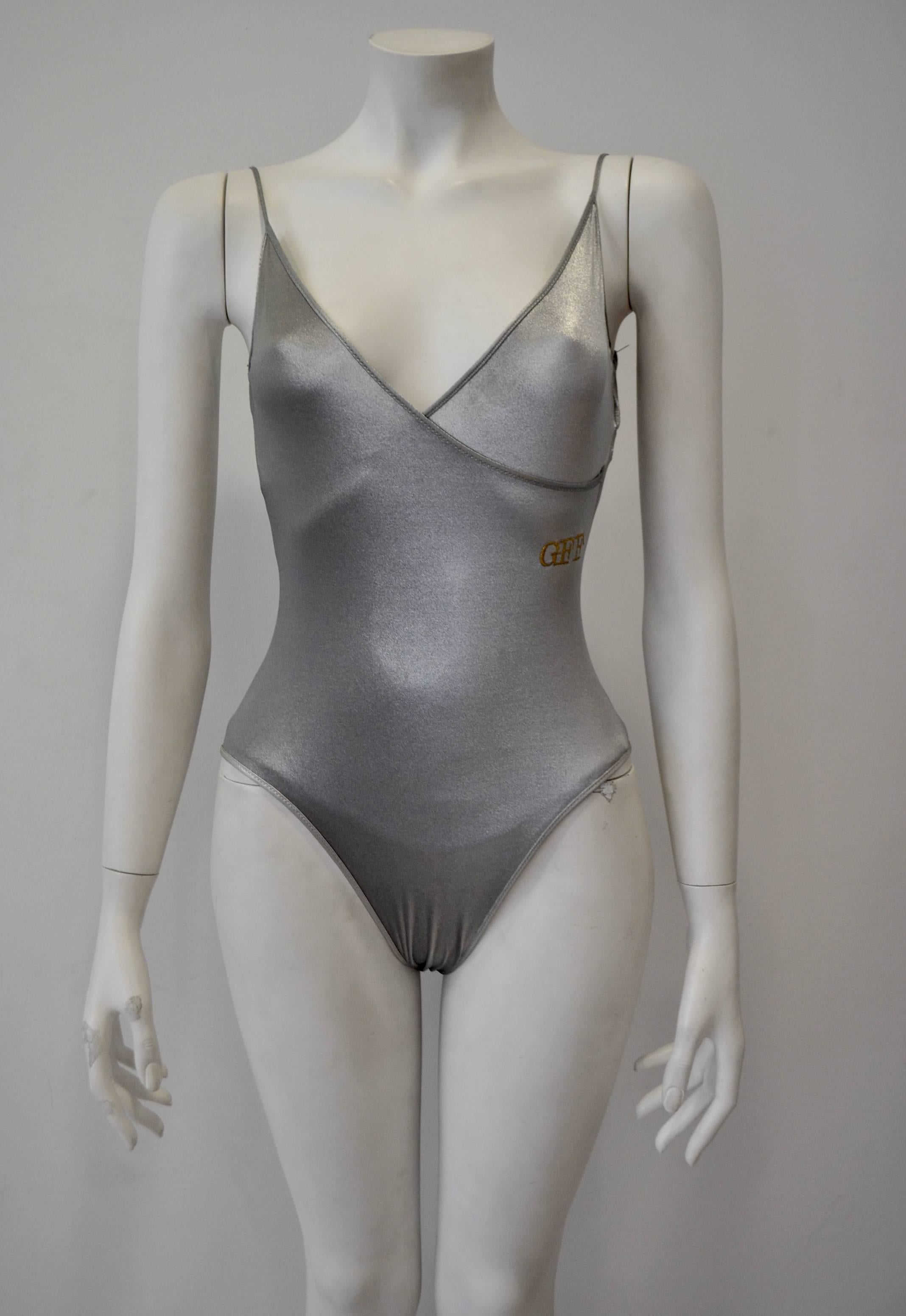 Gray Stunning Silver Gianfranco Ferre Gold Monogram Swimsuit For Sale