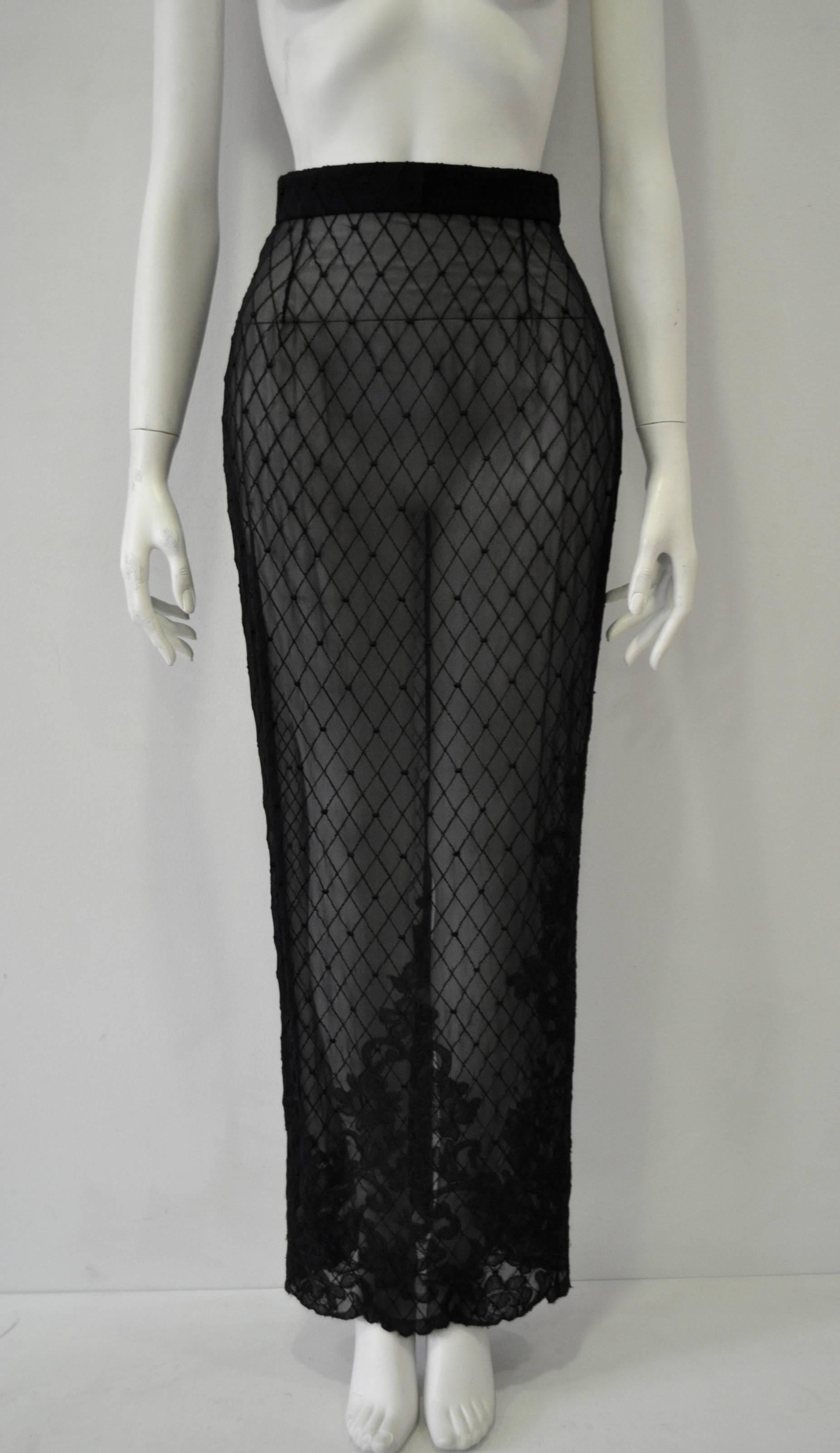 Sensational Gianni Versace Couture Netted Silk Sheath Floral Lace Hem Maxi Skirt With Sexy Back Slit