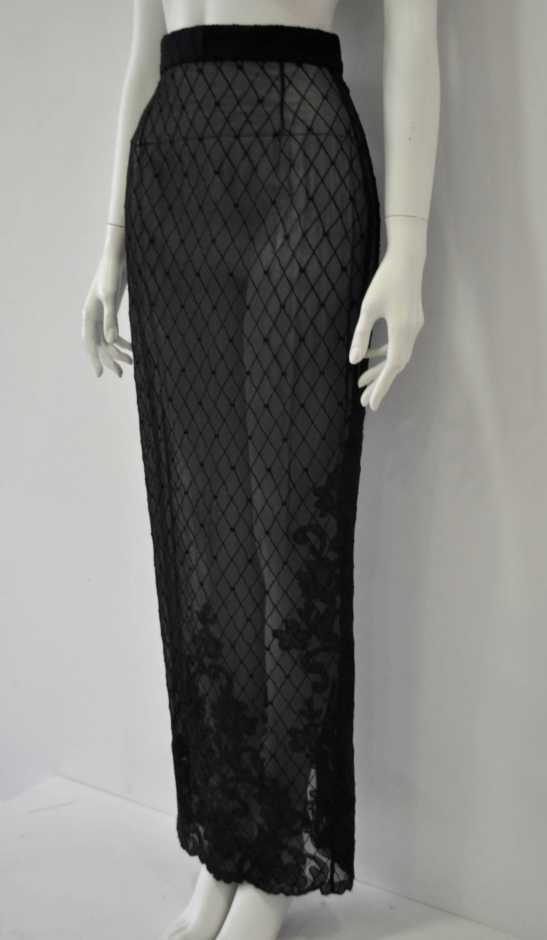 Black Sensational Gianni Versace Couture Netted Silk Floral Lace Hem Maxi Skirt For Sale