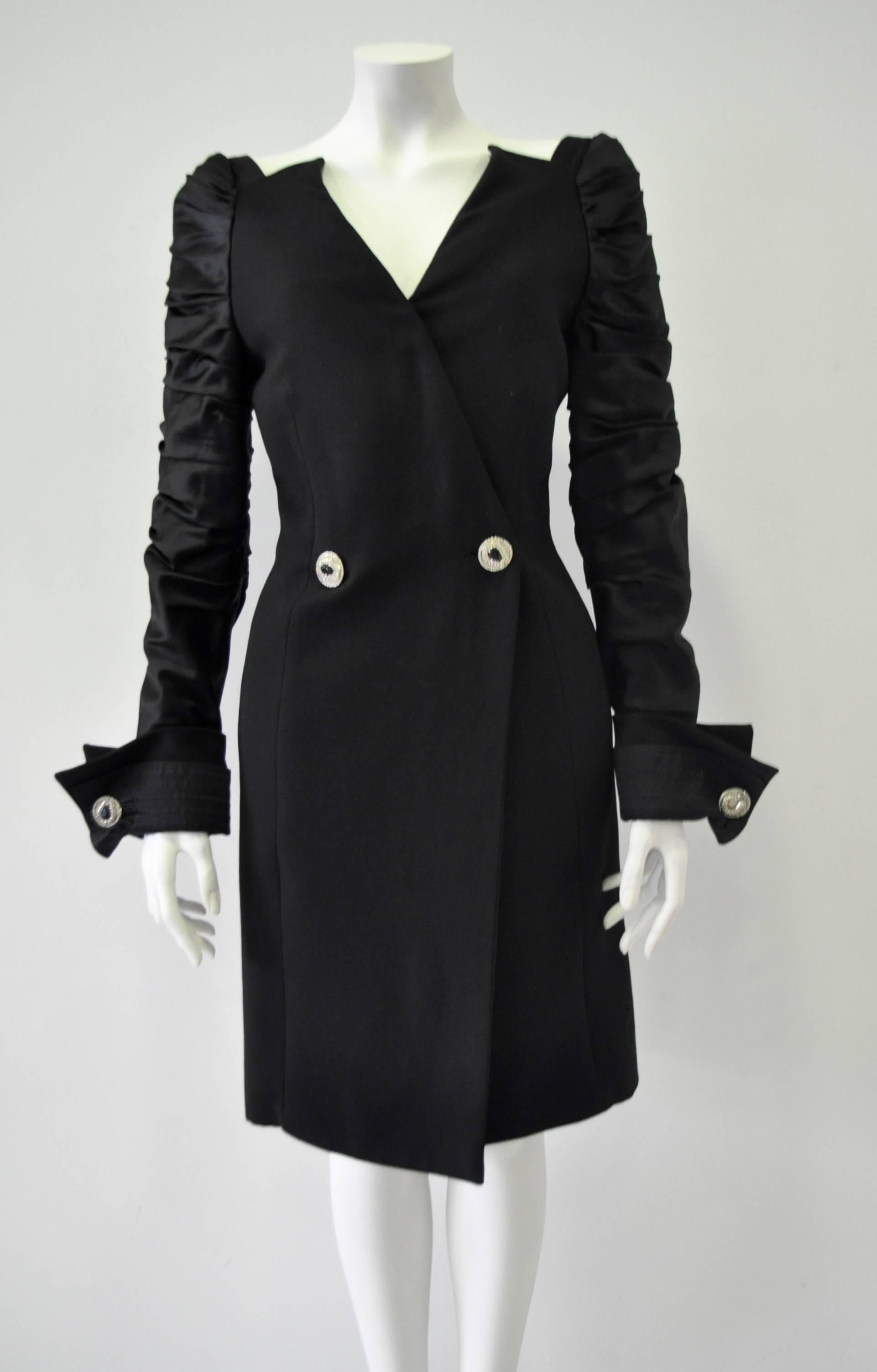 Commanding Gianni Versace Couture Cocktail Coat Dress Featuring Regal French Cuffs and Impressive Crystal Encrusted Button Cufflinks, Fall 1990