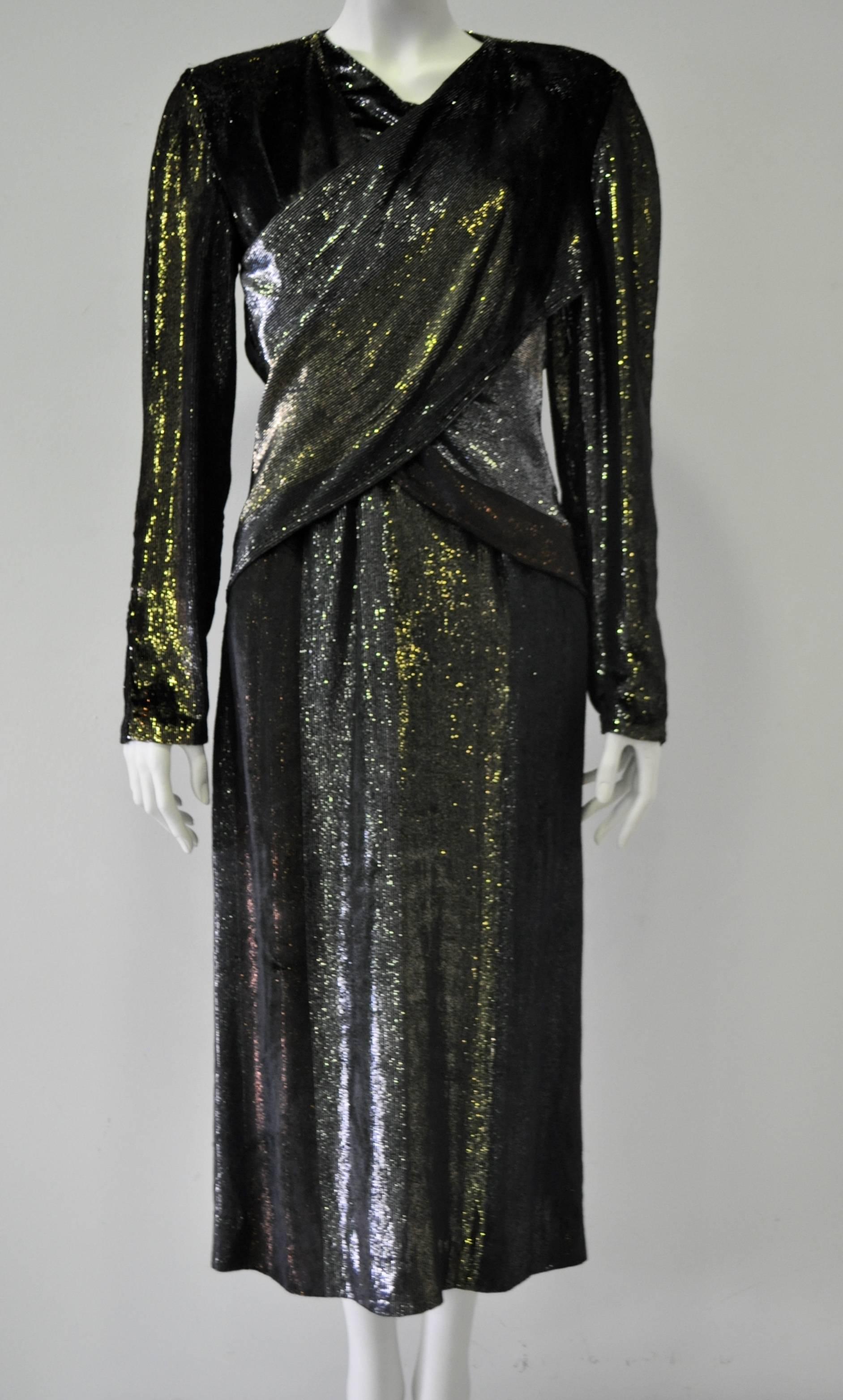 Rare Paco Rabanne Velvet Hues of Silver, Gold and Copper Lame Cross Front Bodycon Disco Dress