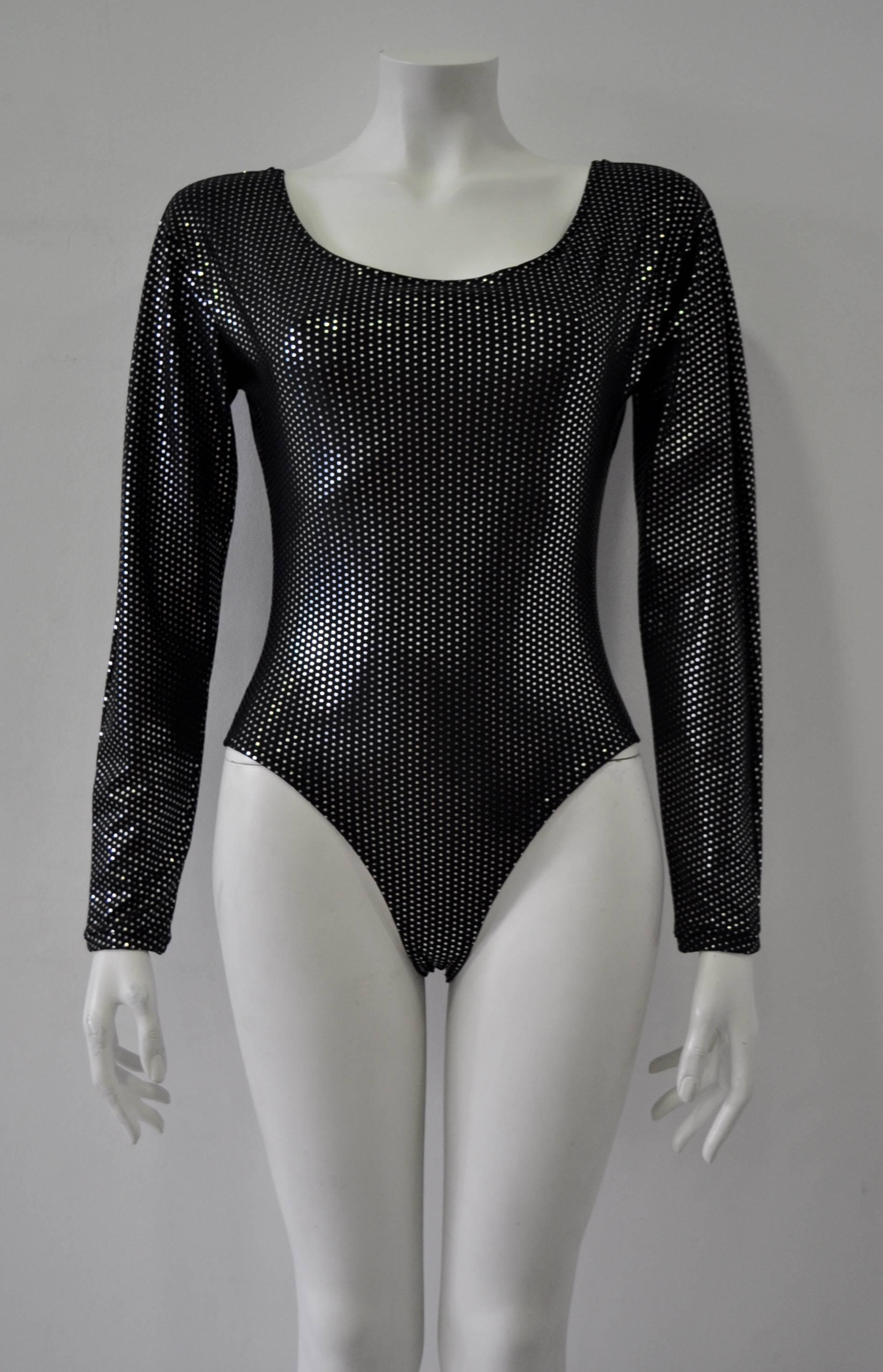 Space Age Gianni Versace Silver Polka Dot Black Bodysuit