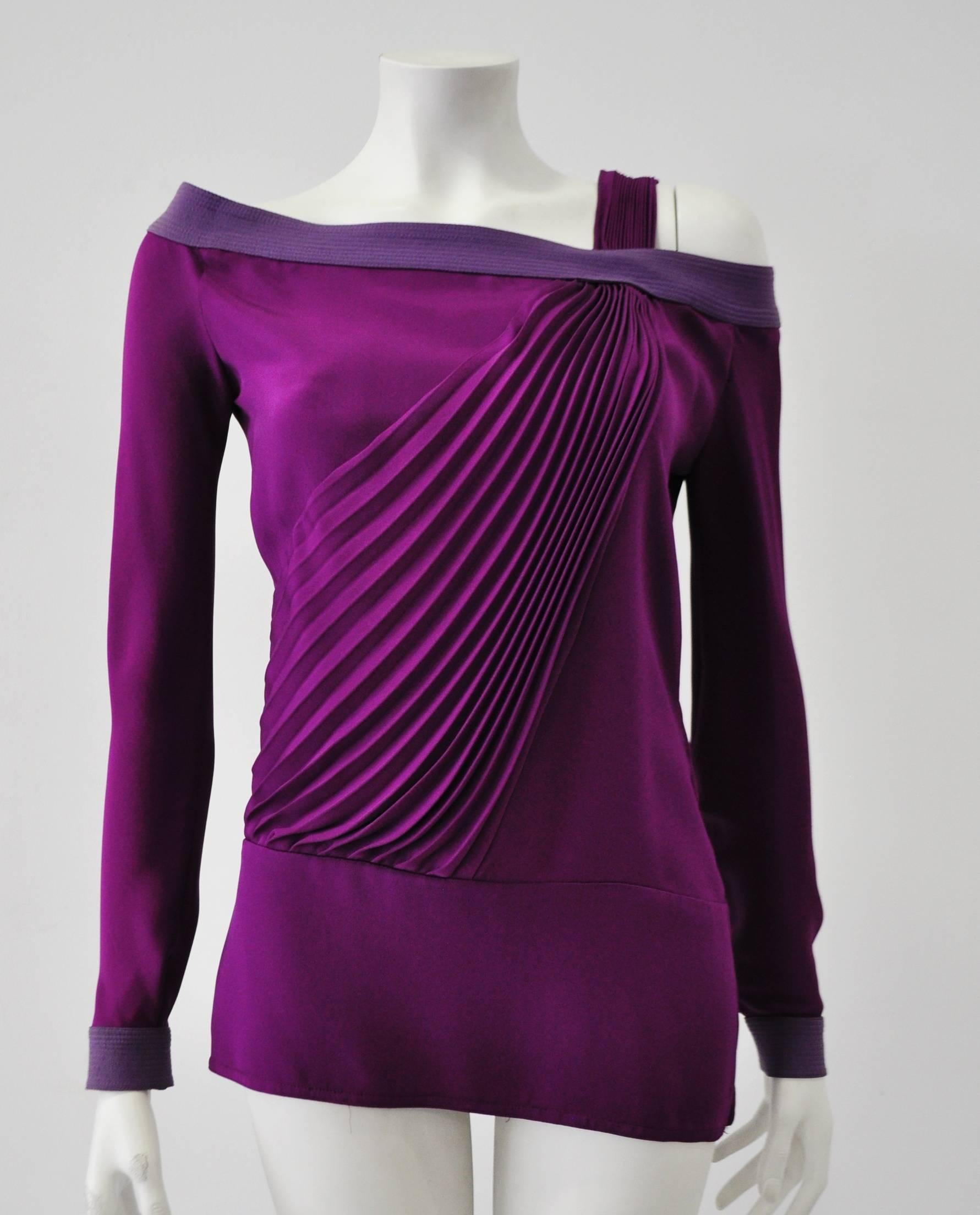Purple Interesting Gianni Versace Front Pleat Off Shoulder Magenta Silk Shirt For Sale
