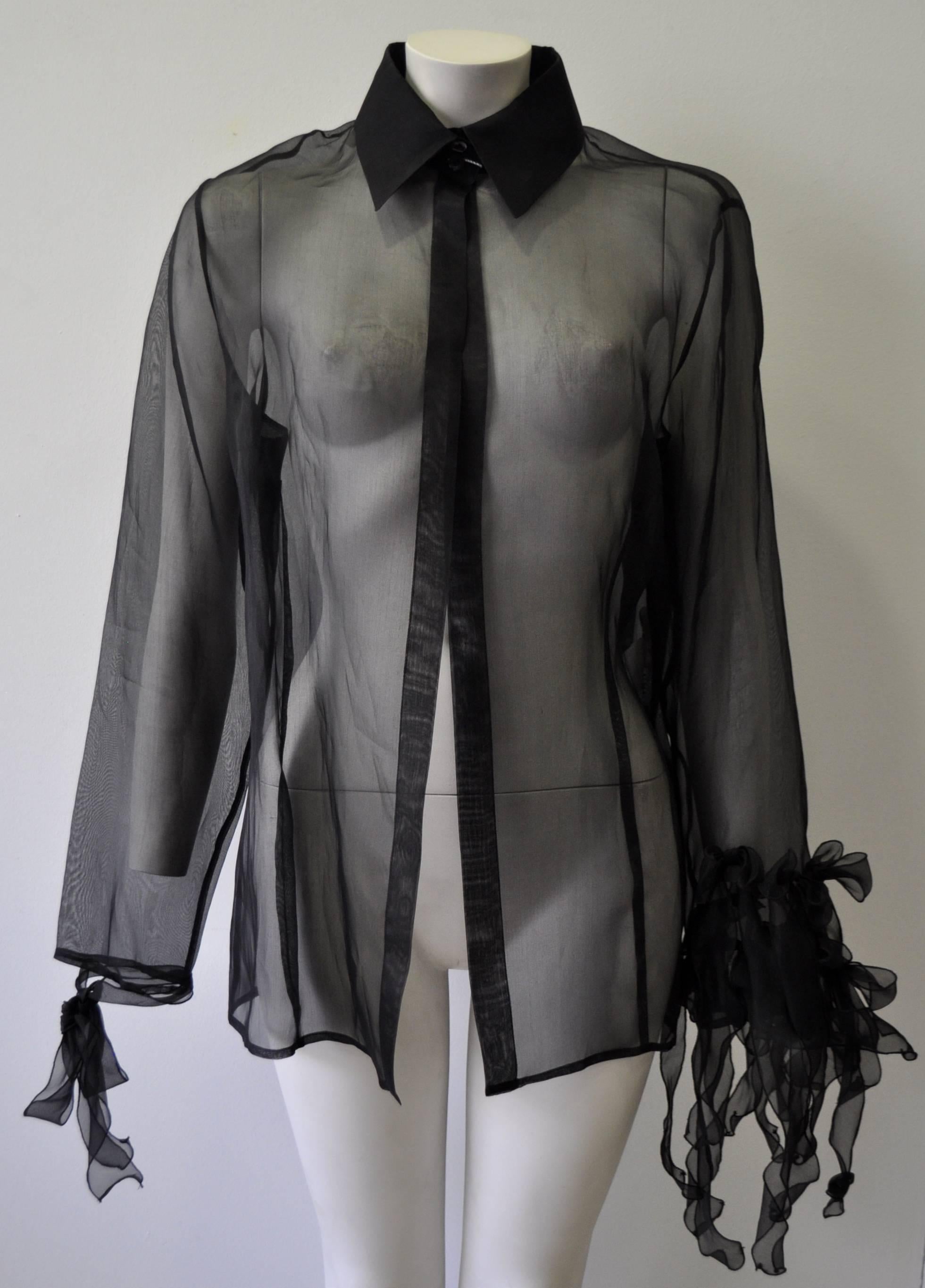 Highly Unusual Gianfranco Ferre Forma Sheer Silk Blouse with Ribbon Bow Sleeve Detail