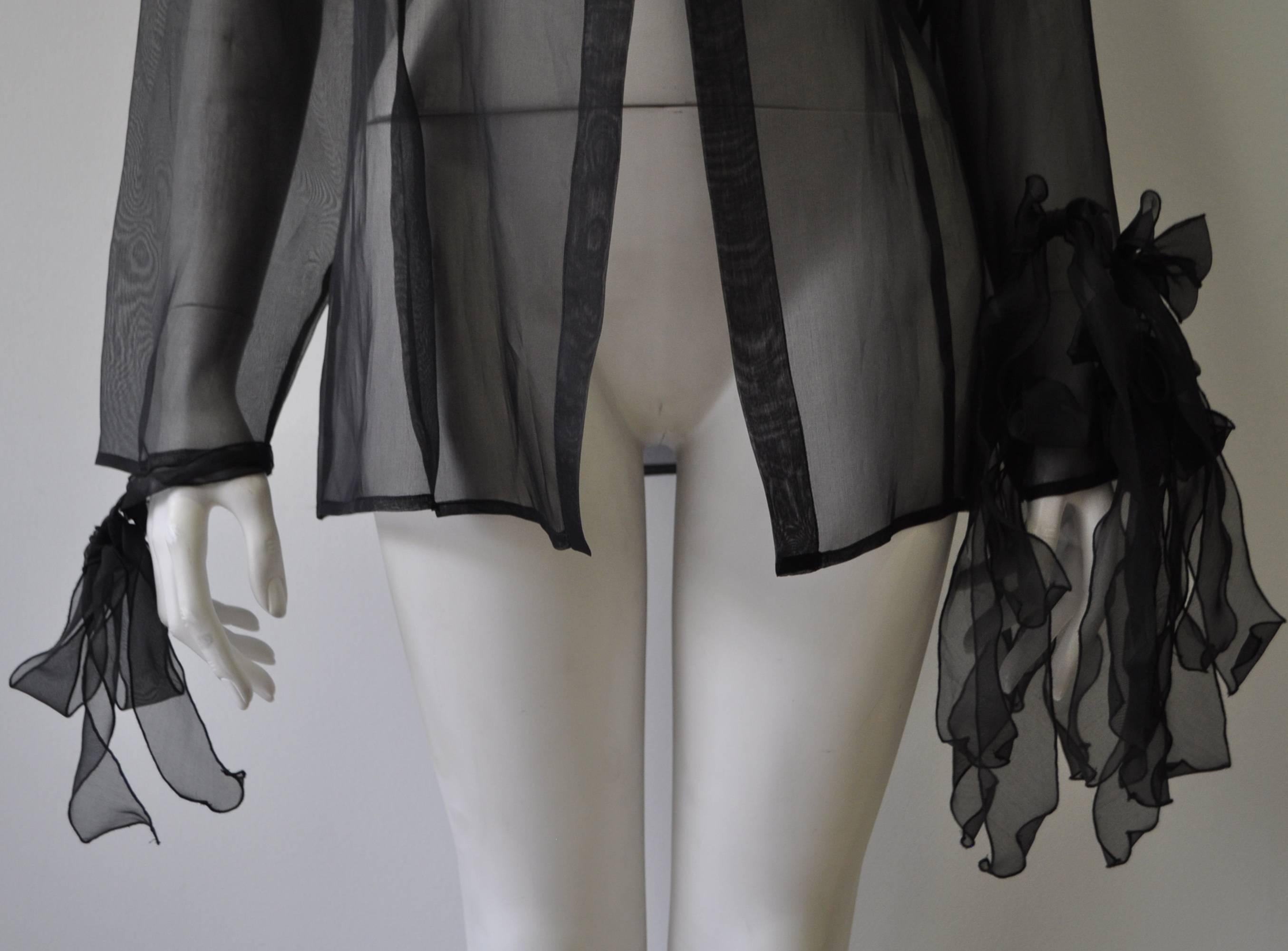 Black Highly Unusual Gianfranco Ferre Sheer Silk Blouse with Ribbon Bow Sleeve Detail For Sale