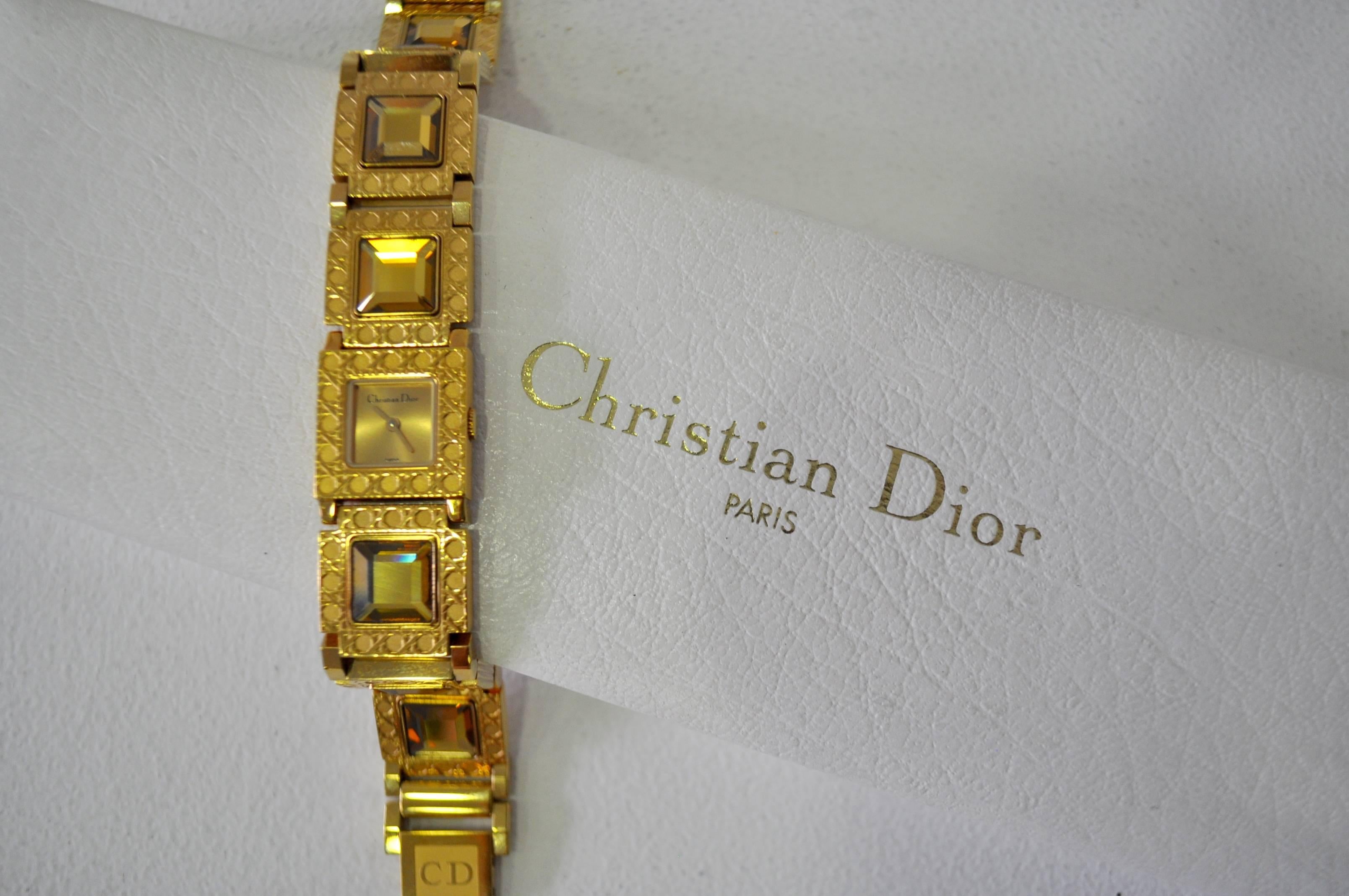 Women's Authentic Christian Dior Jewel Encrusted Gold Tone Link Watch For Sale