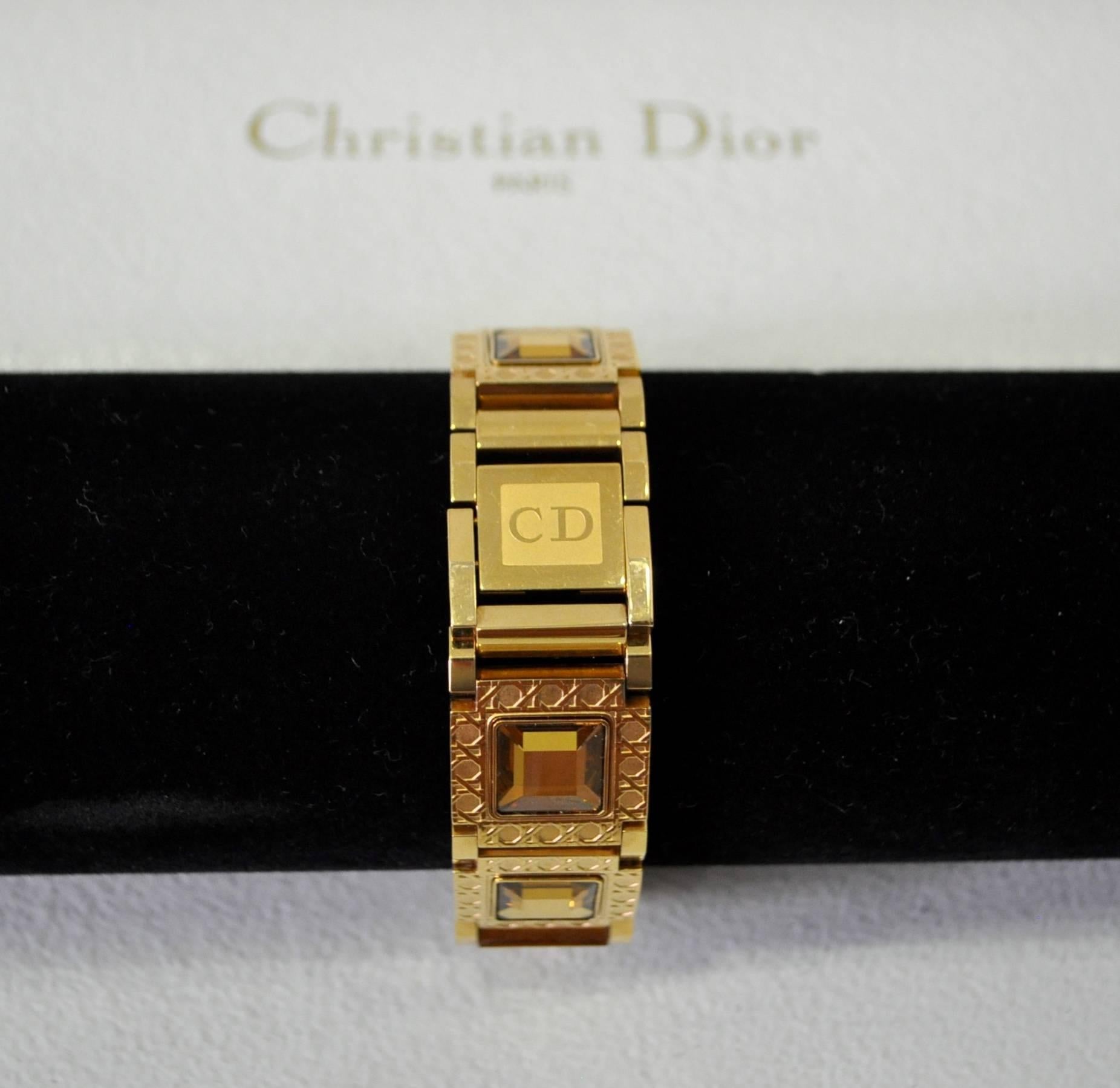 Authentic Christian Dior Jewel Encrusted Gold Tone Link Watch For Sale 1
