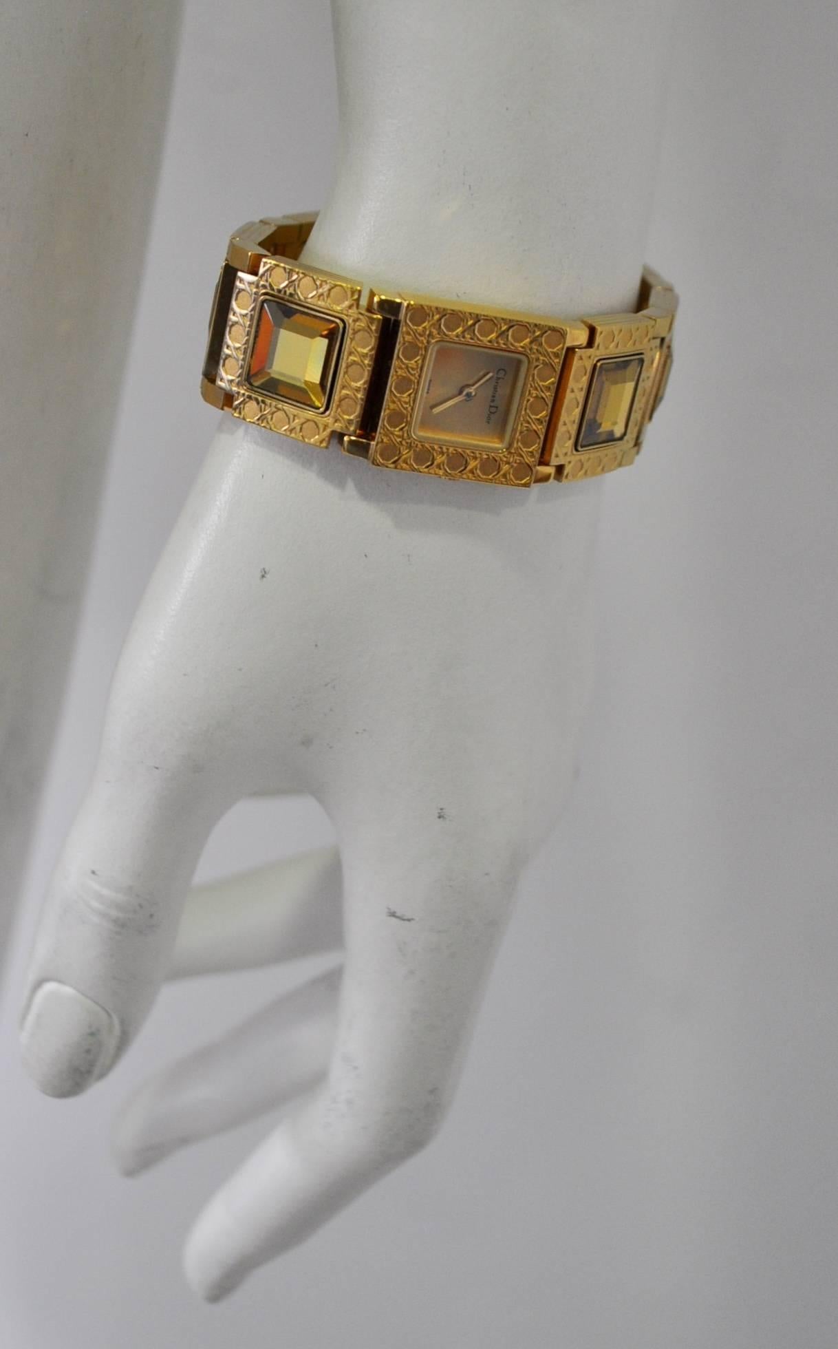 Authentic Christian Dior Jewel Encrusted Gold Tone Link Watch For Sale 2