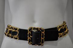 Classic Chanel Chunky Gold Tone Chain Link Black Leather Belt
