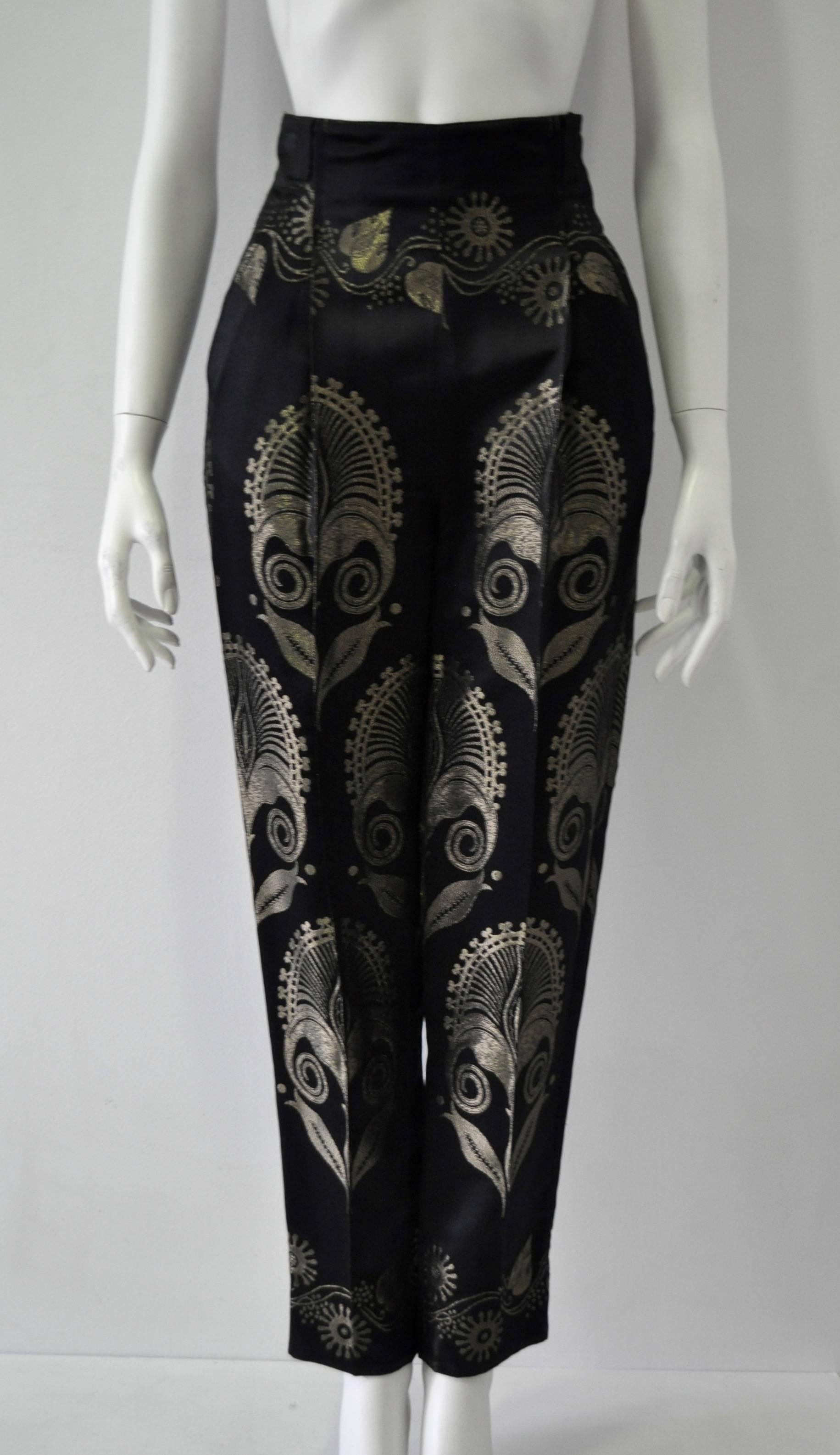 Exquisite Gianni Versace Gold Lame Embroidered Black Silk Pants In New Condition For Sale In Athens, Agia Paraskevi