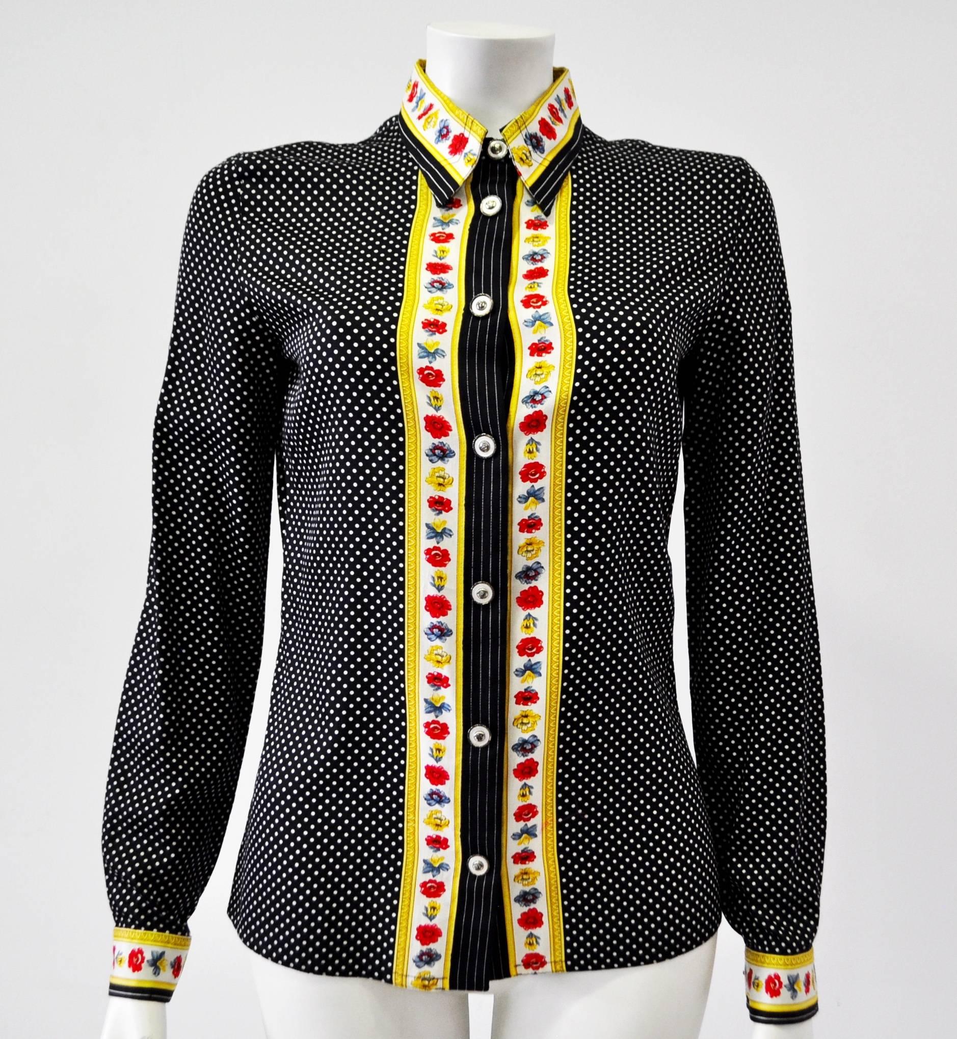 Original Gianni Versace Polka Dot Floral Trim Shirt Featuring Medusa Buttons