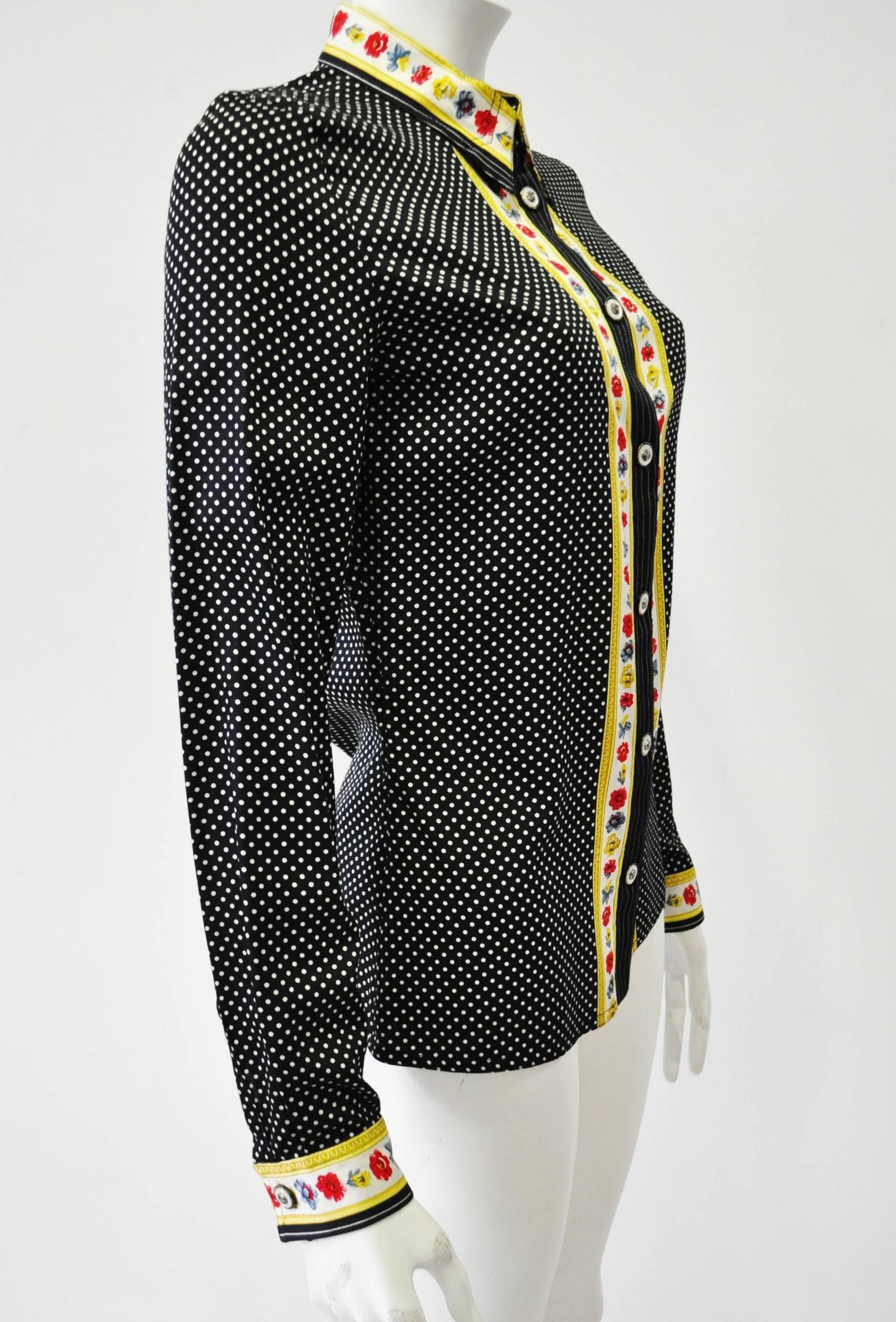 Black Original Gianni Versace Polka Dot Floral Trim Shirt