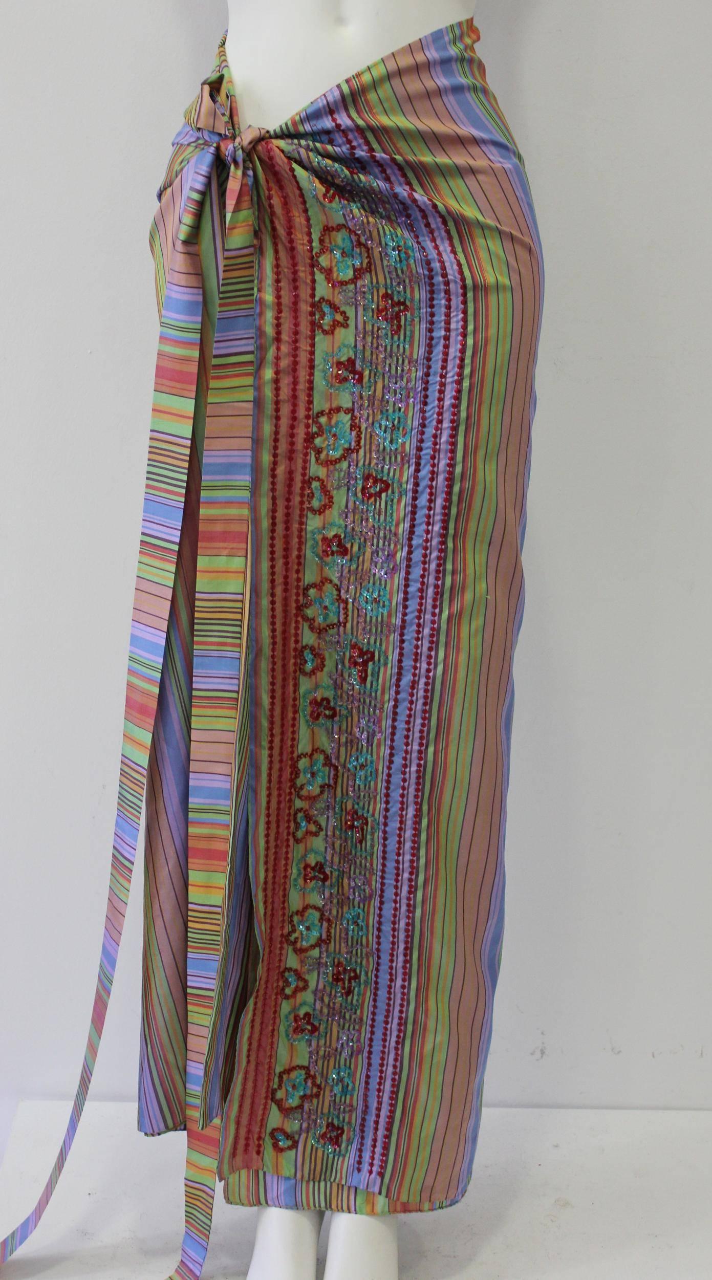 Gray Rare Etro Multicolor Floral Embroidered Striped Silk Wrap Maxi Skirt