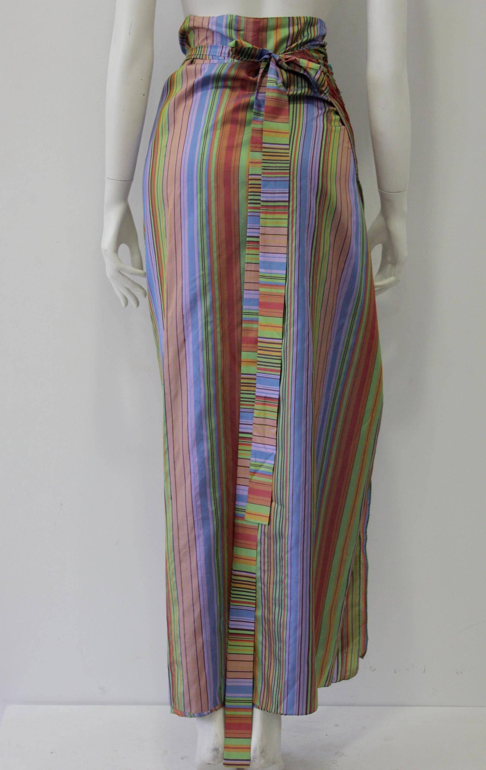Rare Etro Multicolor Floral Embroidered Striped Silk Wrap Maxi Skirt In Excellent Condition In Athens, Agia Paraskevi