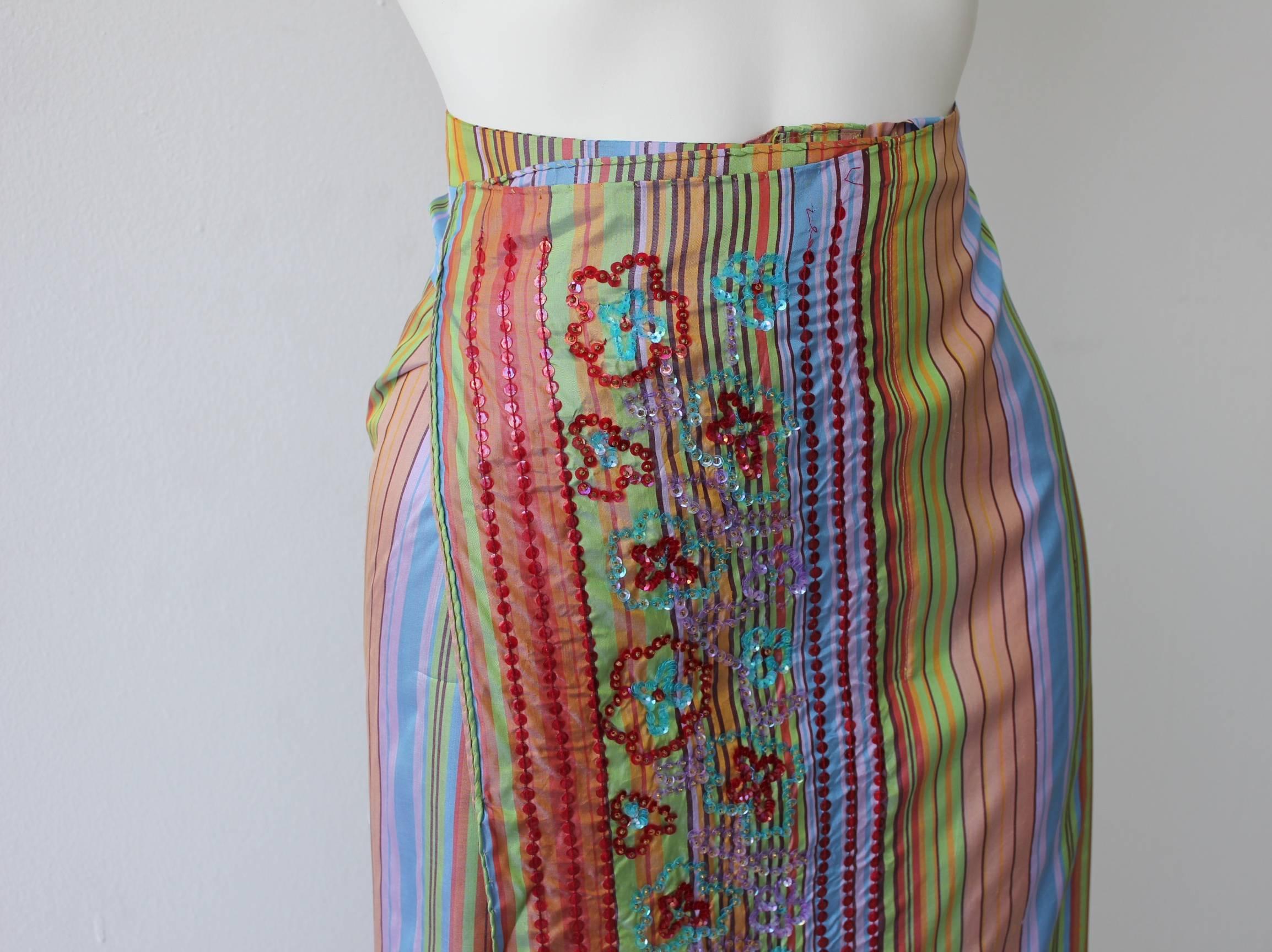 Women's Rare Etro Multicolor Floral Embroidered Striped Silk Wrap Maxi Skirt