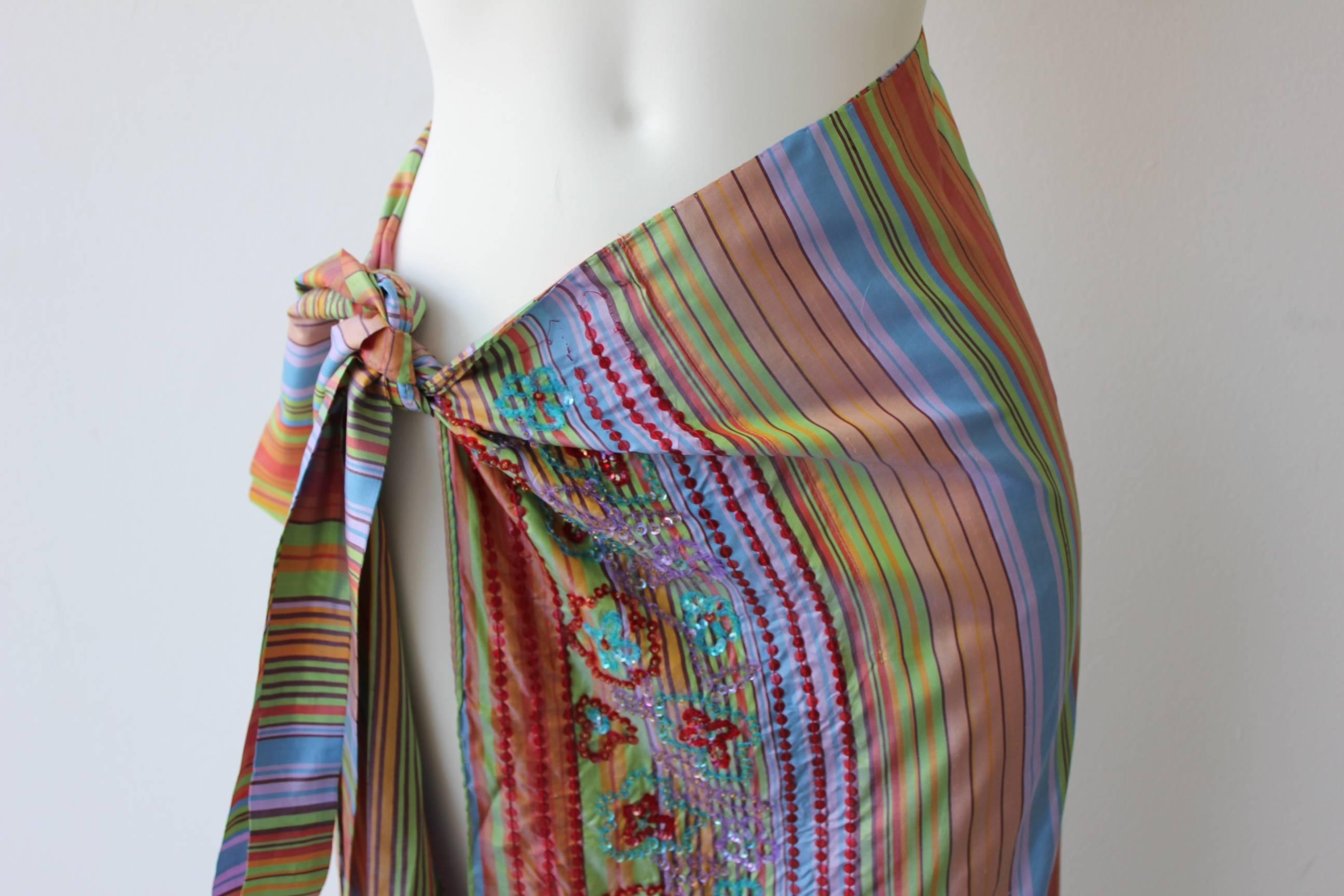 Rare Etro Multicolor Floral Embroidered Striped Silk Wrap Maxi Skirt 1