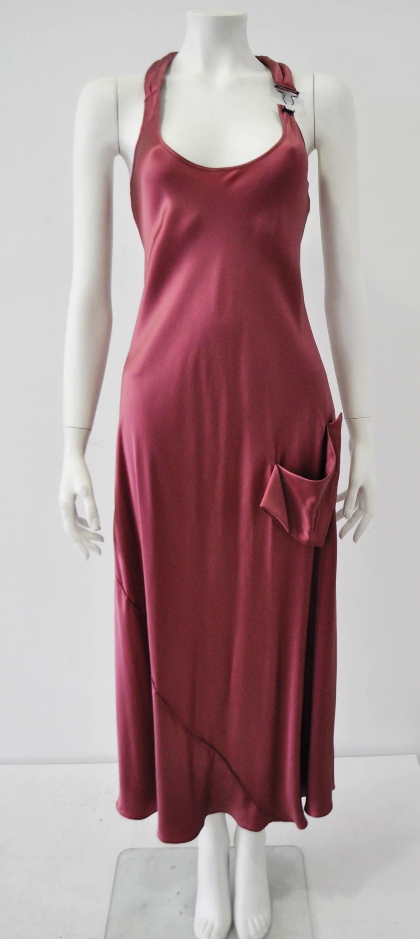 One of a Kind Sonia Rykiel Raspberry Silk Long Dress Featuring Overall Clasp and Crystal Button