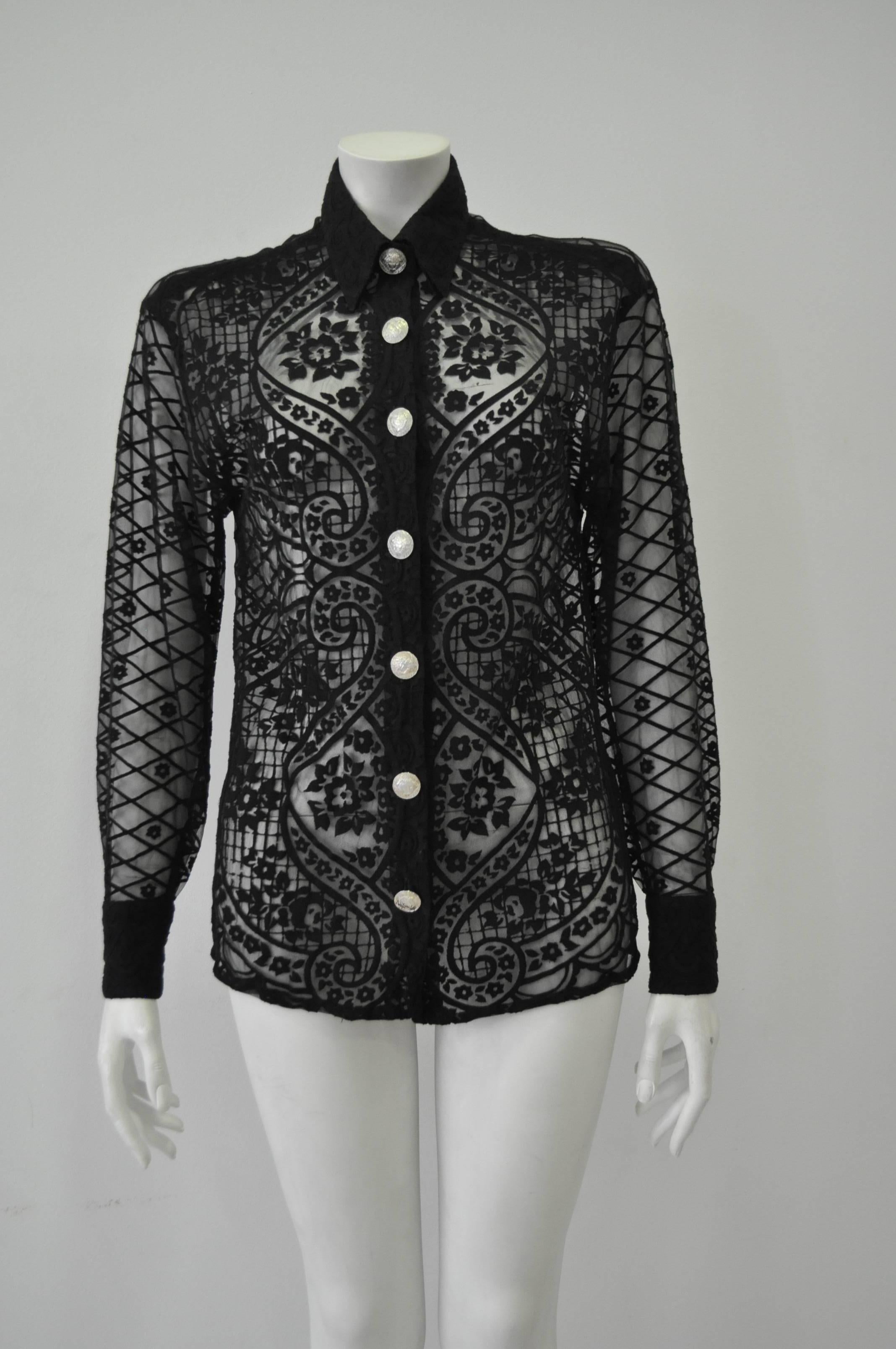 Exceptional Gianni Versace Couture Black Lace Shirt Featuring Prominent Silvertone Medusa Buttons