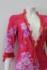 Daring Roberto Cavalli Plunging Ruffle Neckline Floral Silk Dress