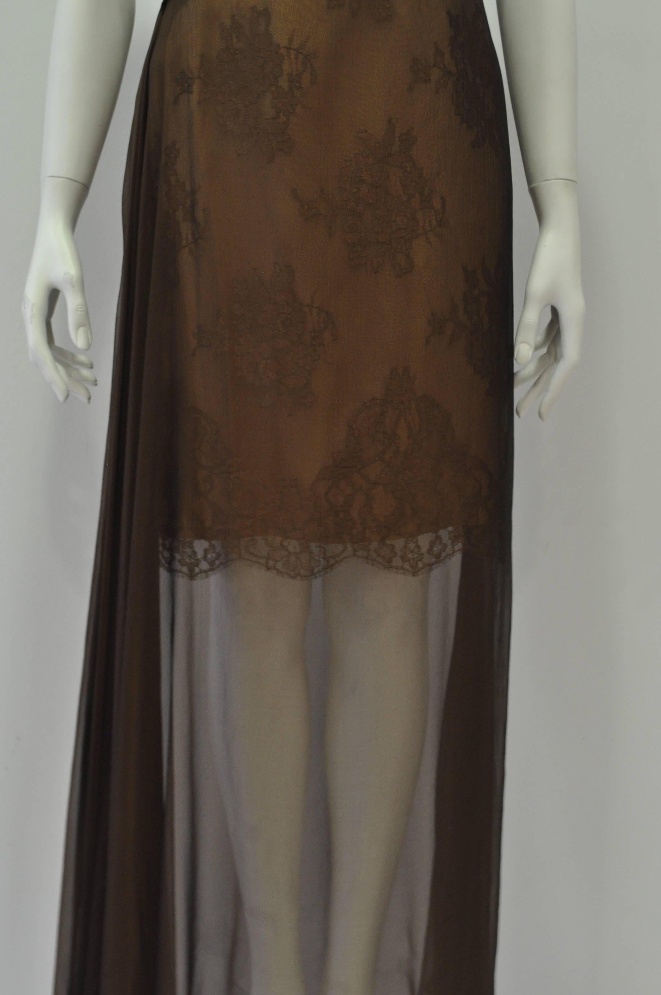 Refined Marc Cain Sheer Copper Silk Chiffon Over Lace Maxi Dress For Sale 1
