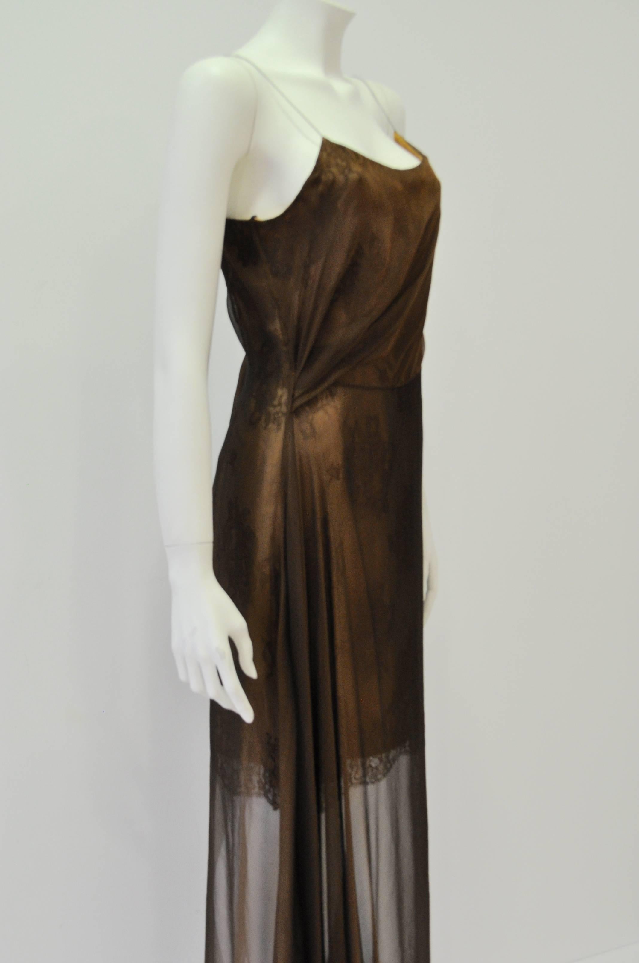 Black Refined Marc Cain Sheer Copper Silk Chiffon Over Lace Maxi Dress For Sale