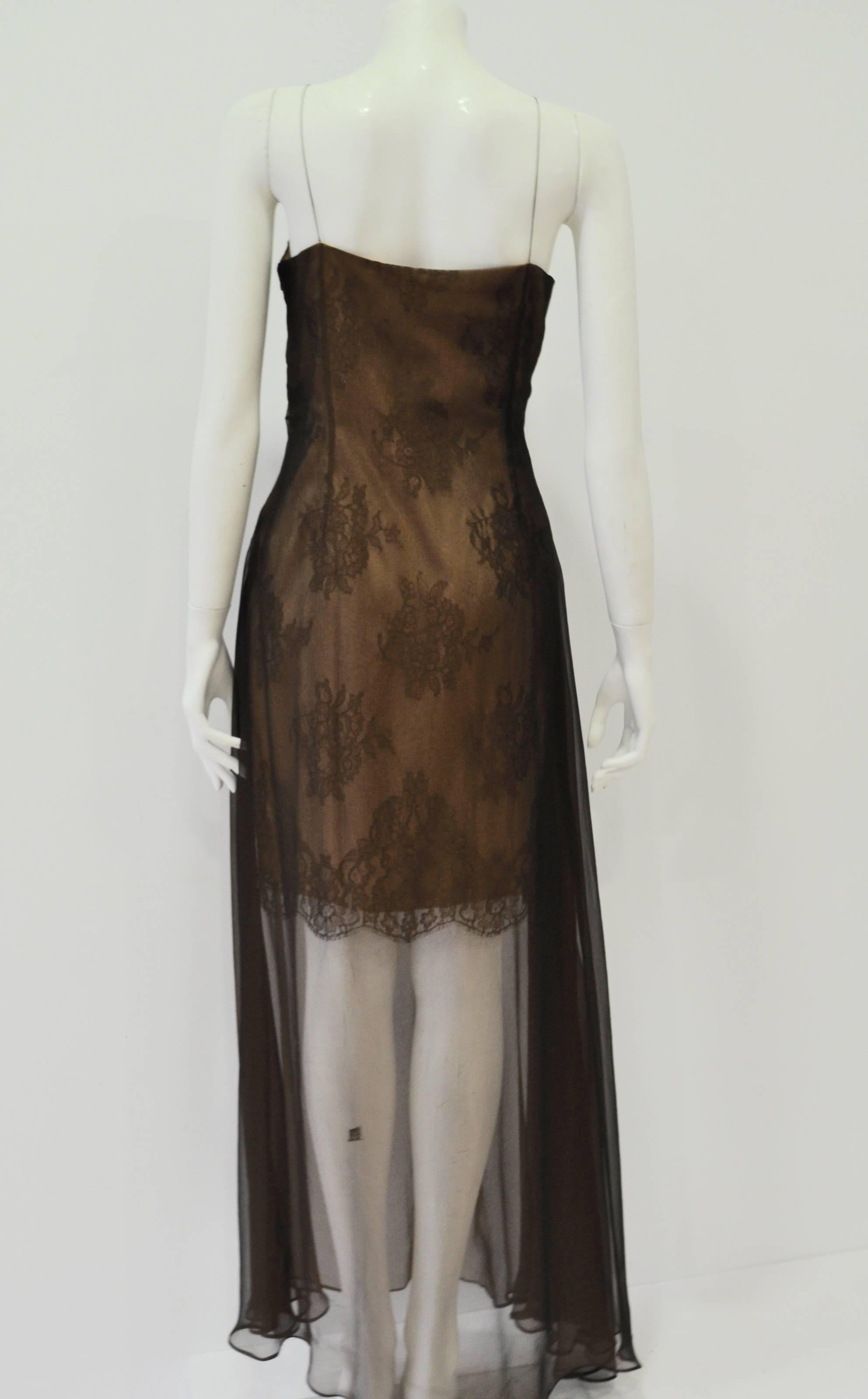 Refined Marc Cain Sheer Copper Silk Chiffon Over Lace Maxi Dress In New Condition For Sale In Athens, Agia Paraskevi
