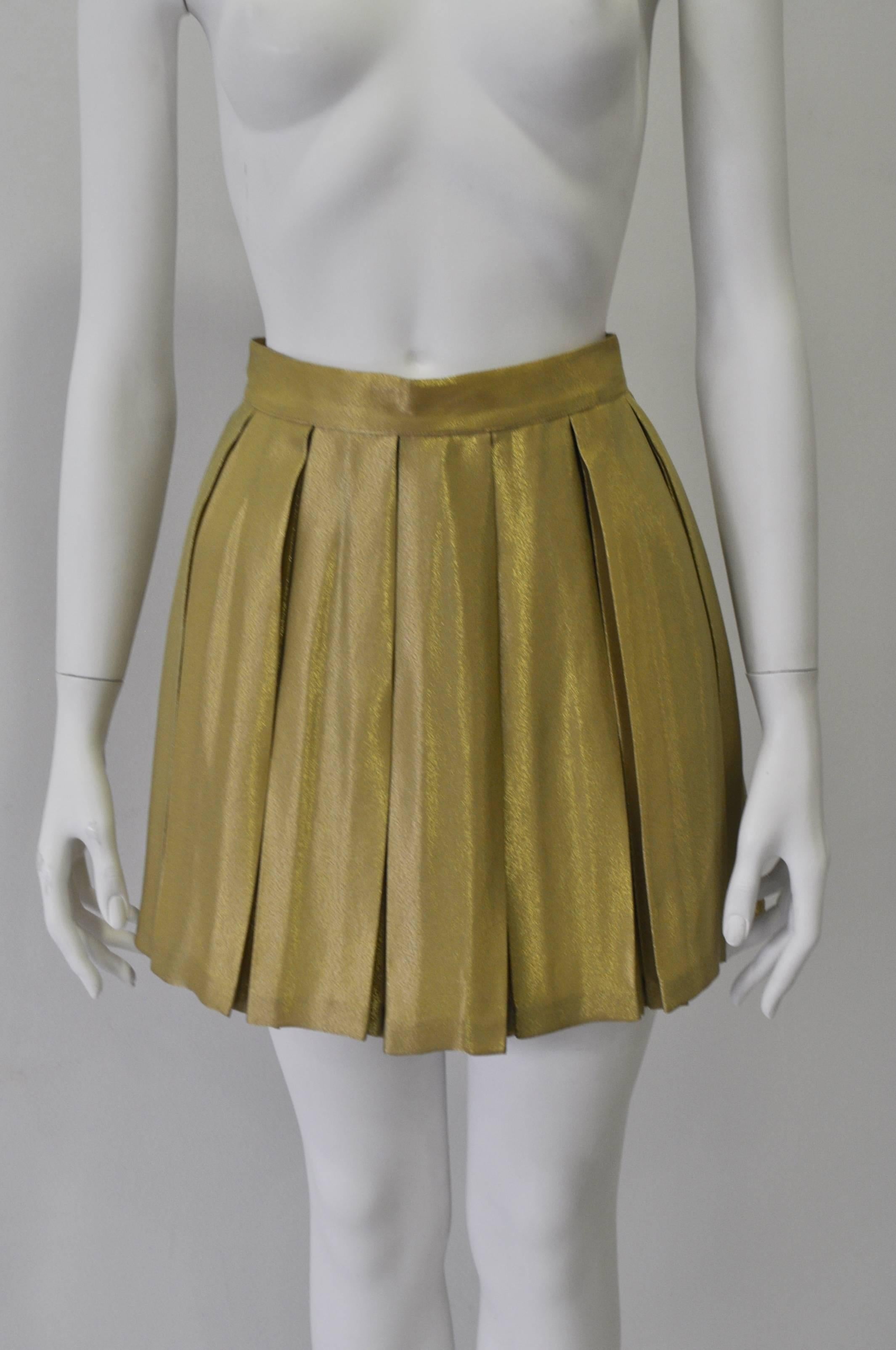 Brown One of a Kind Gianni Versace Couture Gold Pleated Silk Mini Skirt For Sale